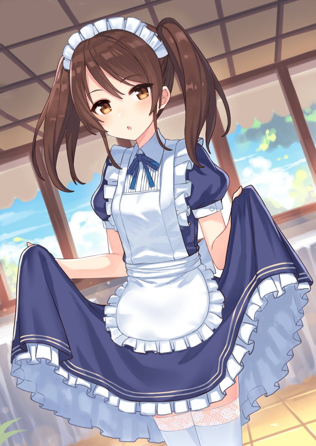 hajime_kaname, maid, skirt_lift, thighhighs, waitress