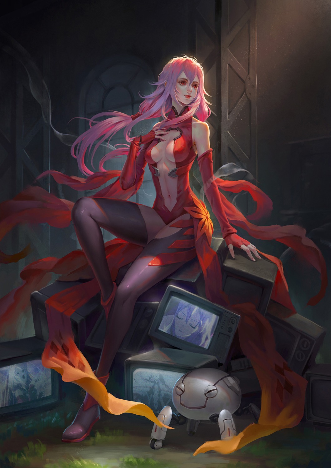 cleavage, guilty_crown, no_bra, thighhighs, wenfei_ye, yuzuriha_inori
