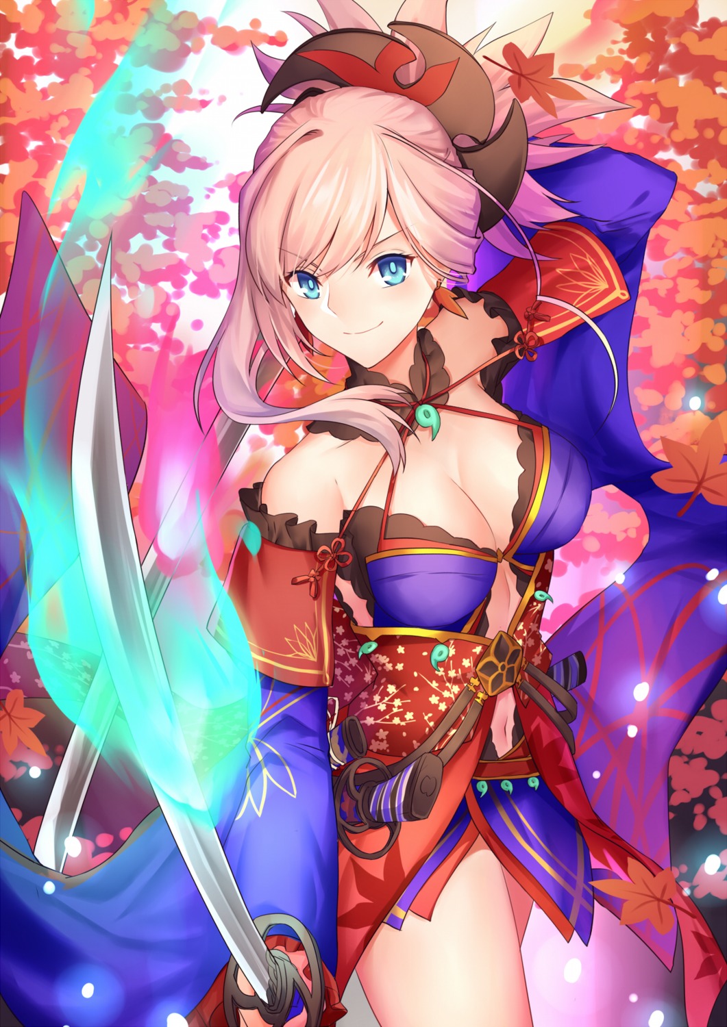 cleavage, fate/grand_order, gogatsu_fukuin, japanese_clothes, miyamoto_musashi_(fate), sword