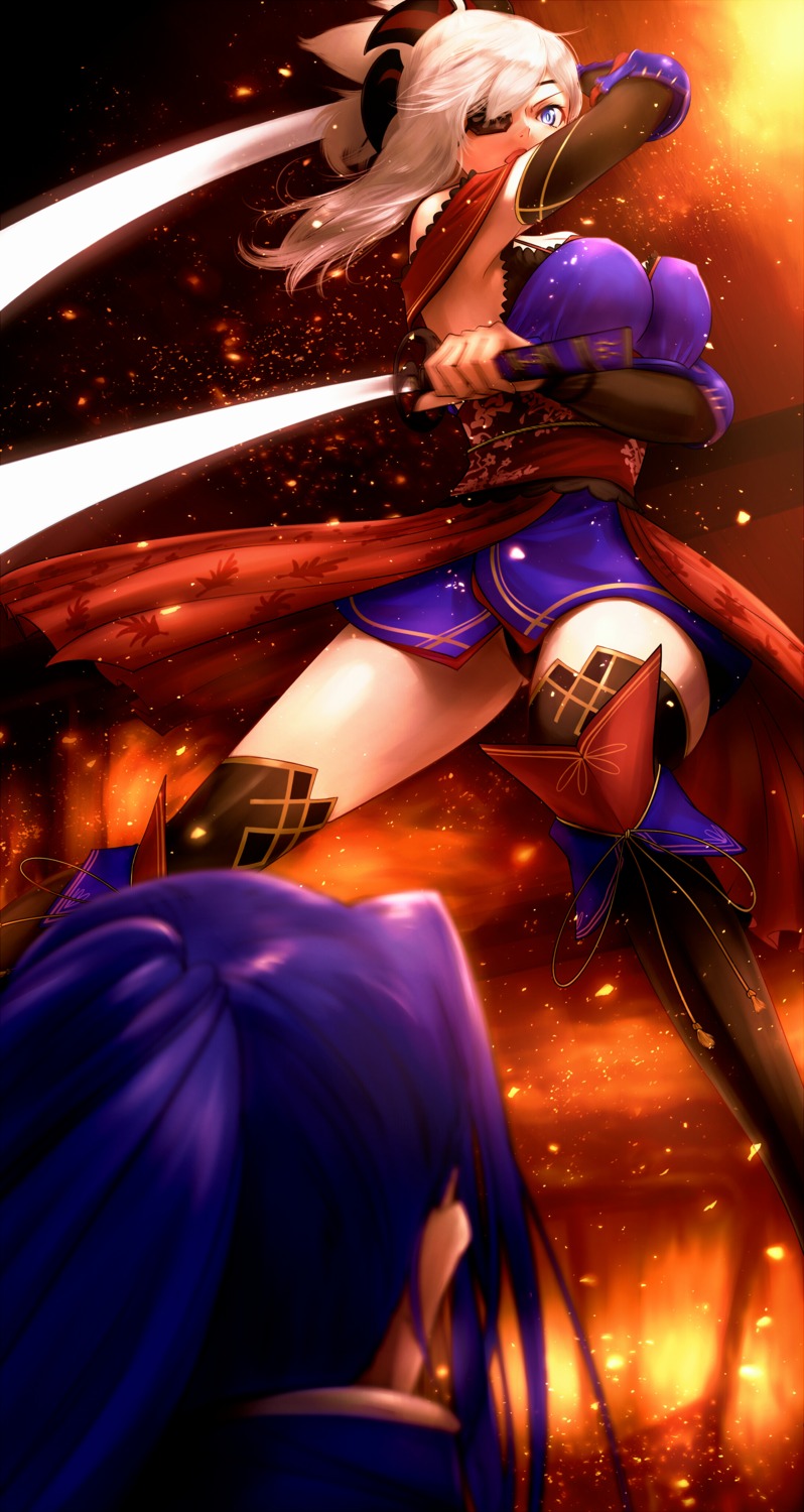 eyepatch, fate/grand_order, japanese_clothes, miyamoto_musashi_(fate), pantsu, sasaki_kojirou_(fate), somebody_(leiking00), sword