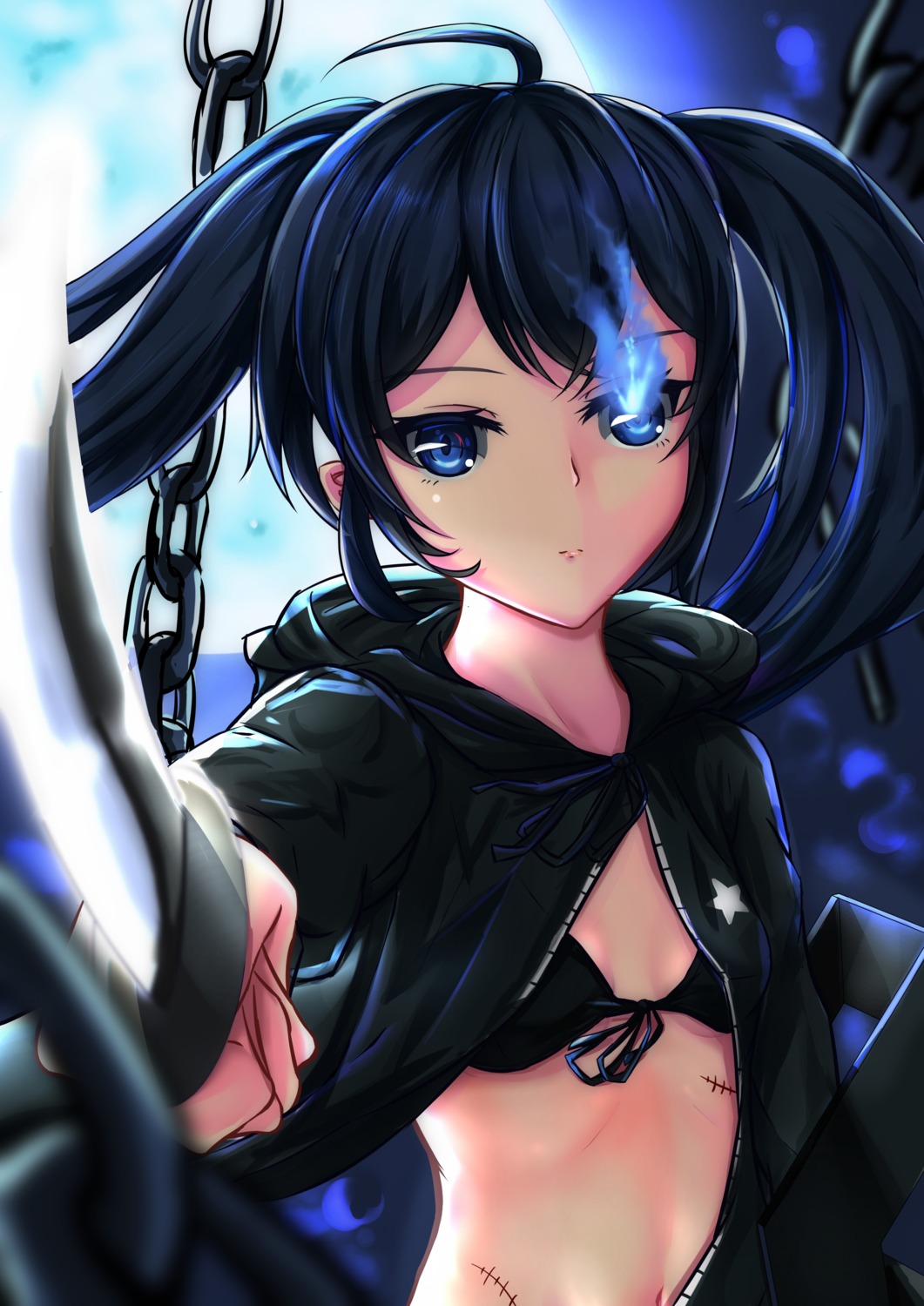 bikini_top, black_rock_shooter, black_rock_shooter_(character), cleavage, dream41, open_shirt, swimsuits, sword, underboob