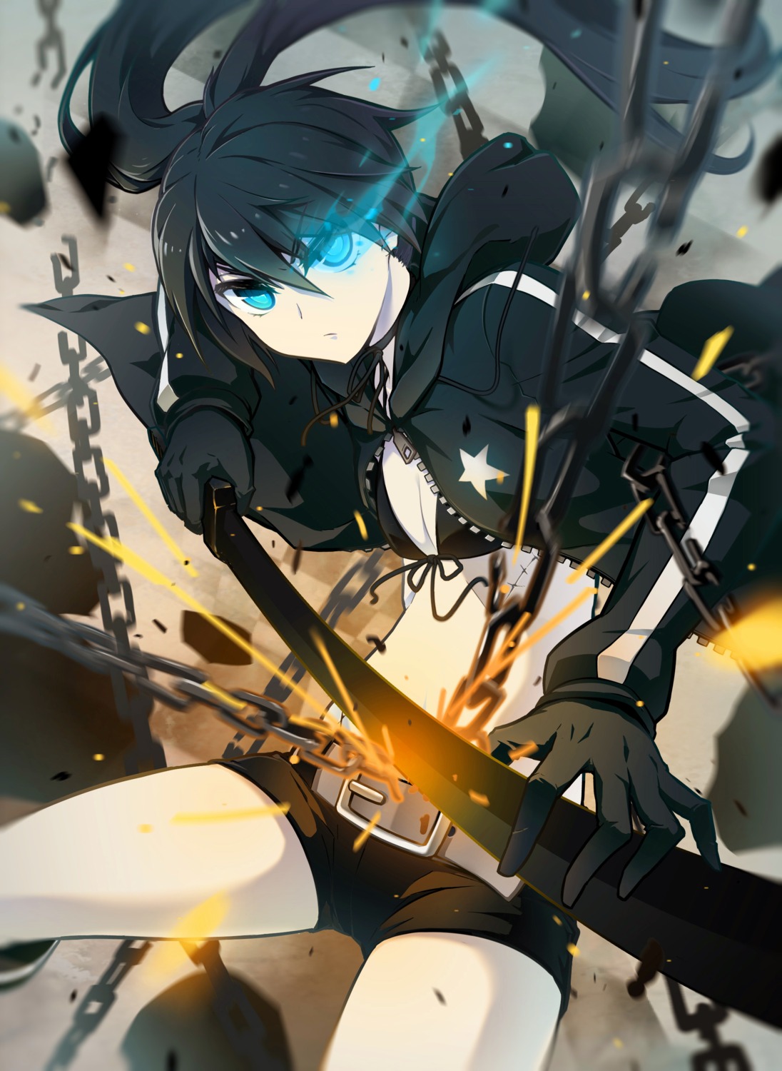 bikini_top, black_rock_shooter, black_rock_shooter_(character), cleavage, open_shirt, swimsuits, sword, xh