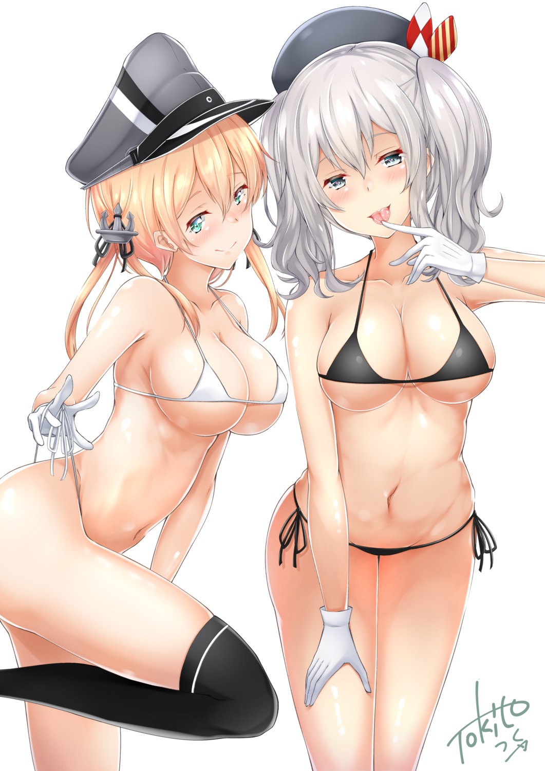 bikini, kantai_collection, kashima_(kancolle), prinz_eugen_(kancolle), swimsuits, thighhighs, tokito_yu