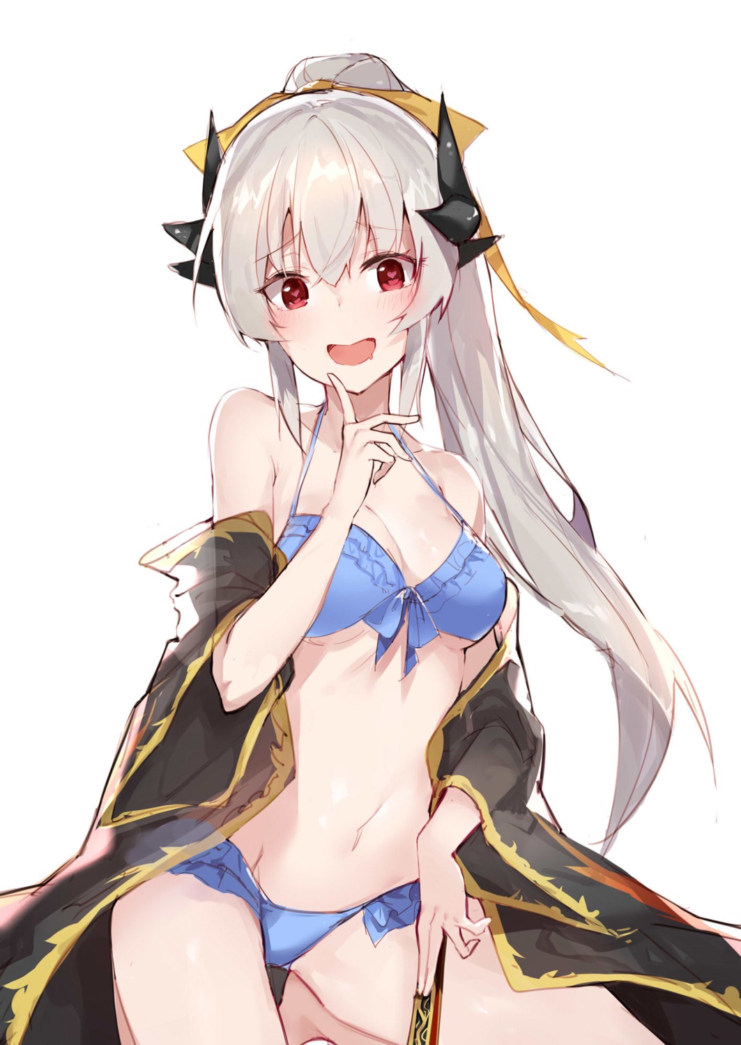 aida_(chinhung0612), bikini, cleavage, fate/grand_order, horns, kiyohime_(fate), open_shirt, swimsuits