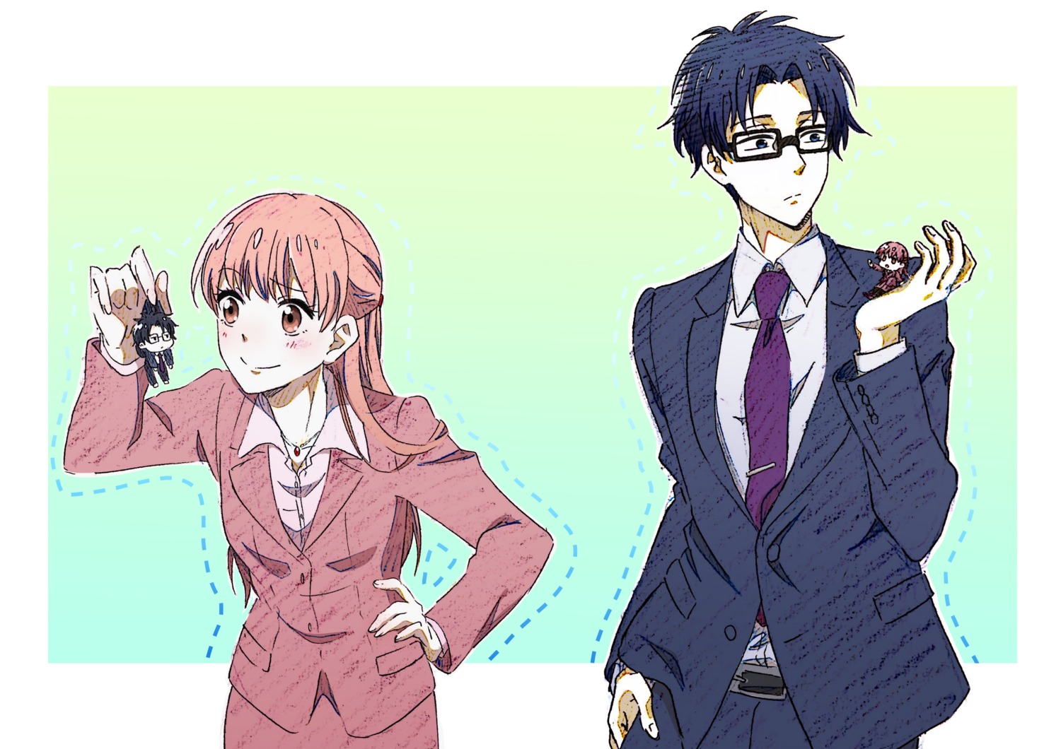 bun_nakyou, business_suit, chibi, megane, momose_narumi, nifuji_hirotaka, wotaku_ni_koi_wa_muzukashii