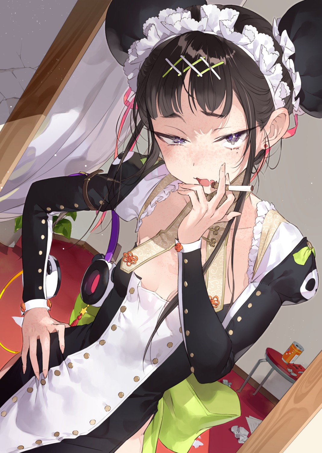 cleavage, headphones, maid, smoking, tonito