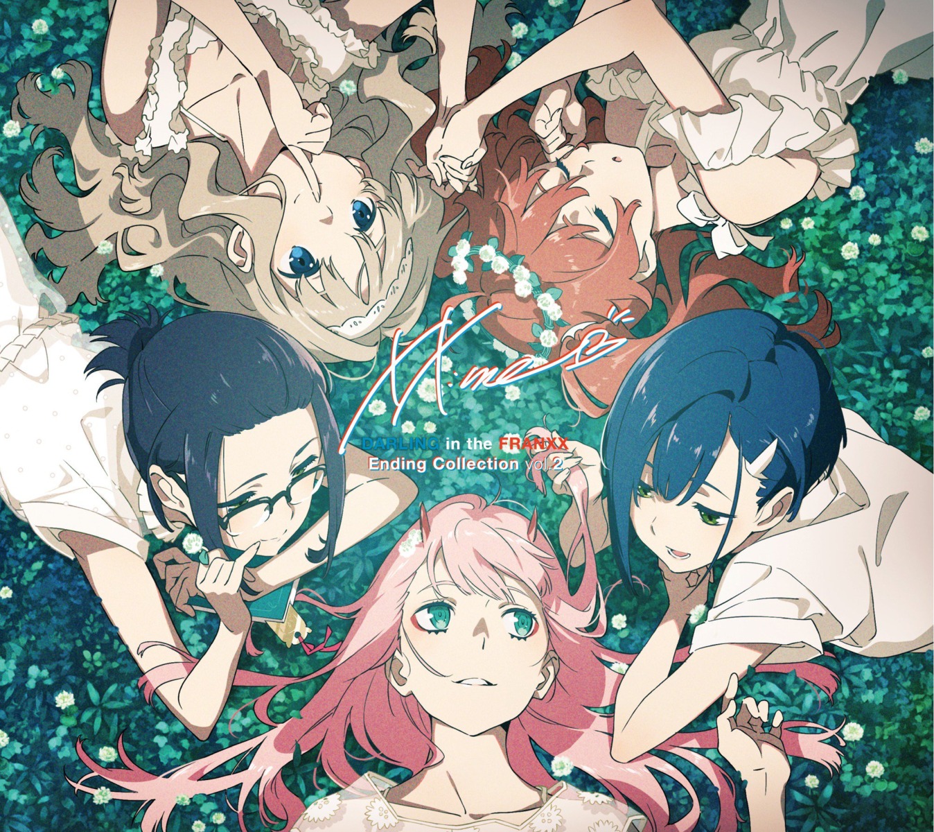 darling_in_the_franxx, disc_cover, dress, horns, ichigo_(darling_in_the_franxx), ikuno_(darling_in_the_franxx), kokoro_(darling_in_the_franxx), megane, miku_(darling_in_the_franxx), pajama, yoneyama_mai, zero_two_(darling_in_the_franxx)