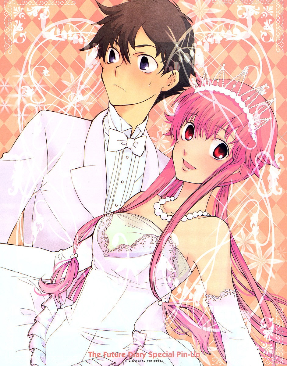 amano_yukiteru, dress, gasai_yuno, kouga_yun, mirai_nikki, wedding_dress