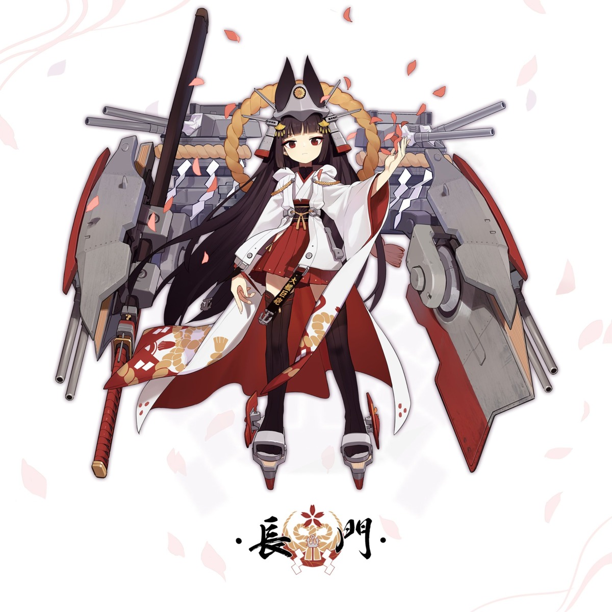 animal_ears, azur_lane, japanese_clothes, jong_tu, mecha, nagato_(azur_lane), sword, thighhighs, weapon