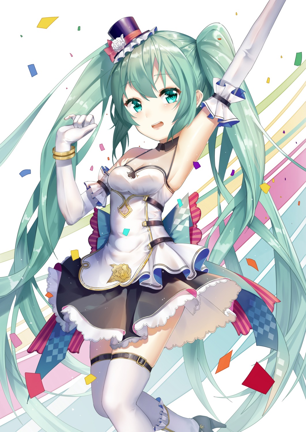 cleavage, dress, hatsune_miku, hatsune_miku_with_you, heels, ihachisu, thighhighs, vocaloid