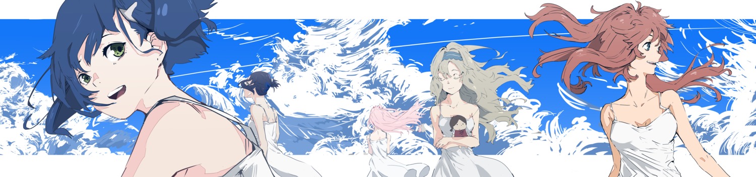 cleavage, darling_in_the_franxx, dress, ichigo_(darling_in_the_franxx), ikuno_(darling_in_the_franxx), kokoro_(darling_in_the_franxx), miku_(darling_in_the_franxx), seafood, summer_dress, zero_two_(darling_in_the_franxx)