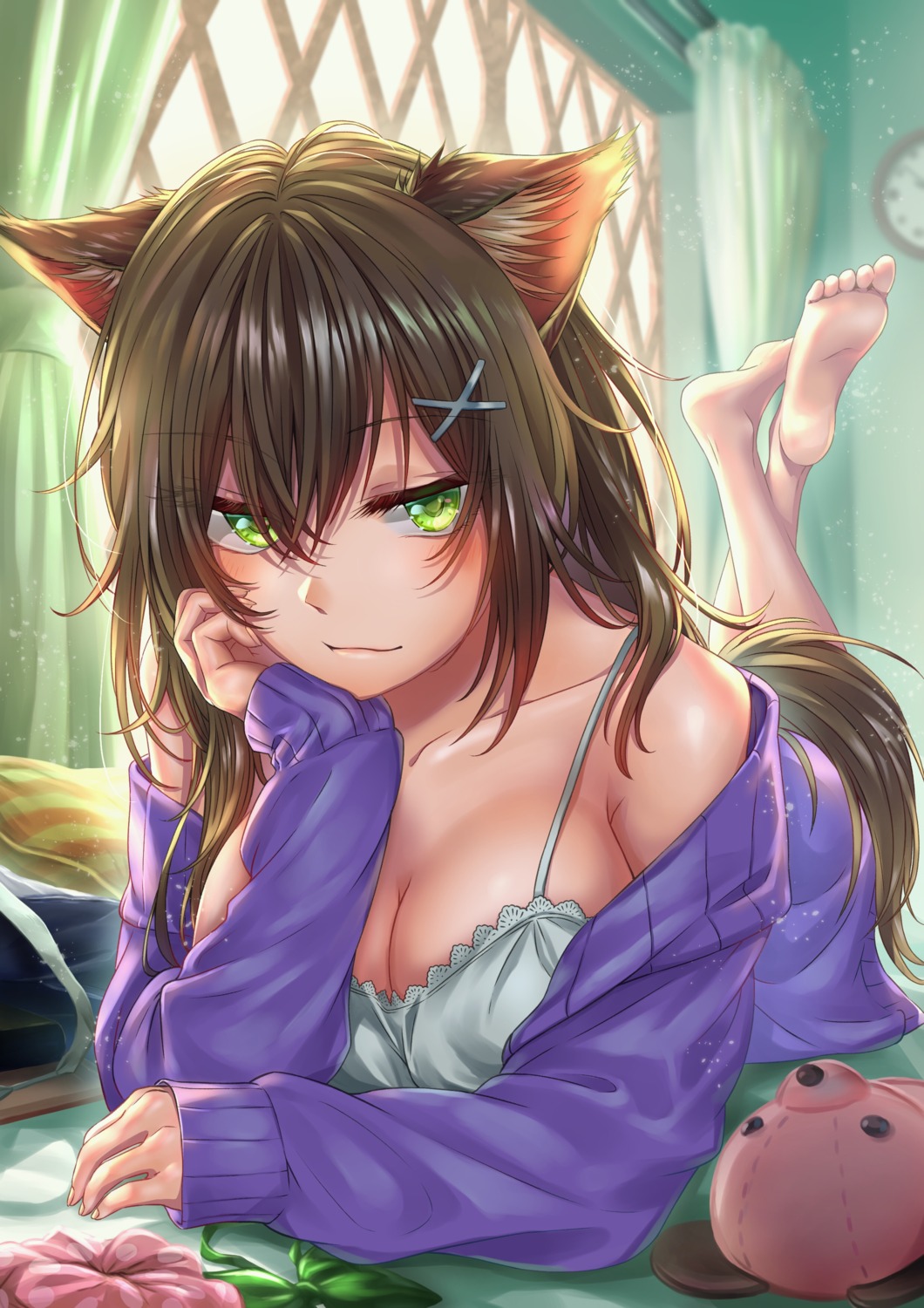 animal_ears, cleavage, lingerie, nekomimi, open_shirt, routo_(rot_0), sweater, tail