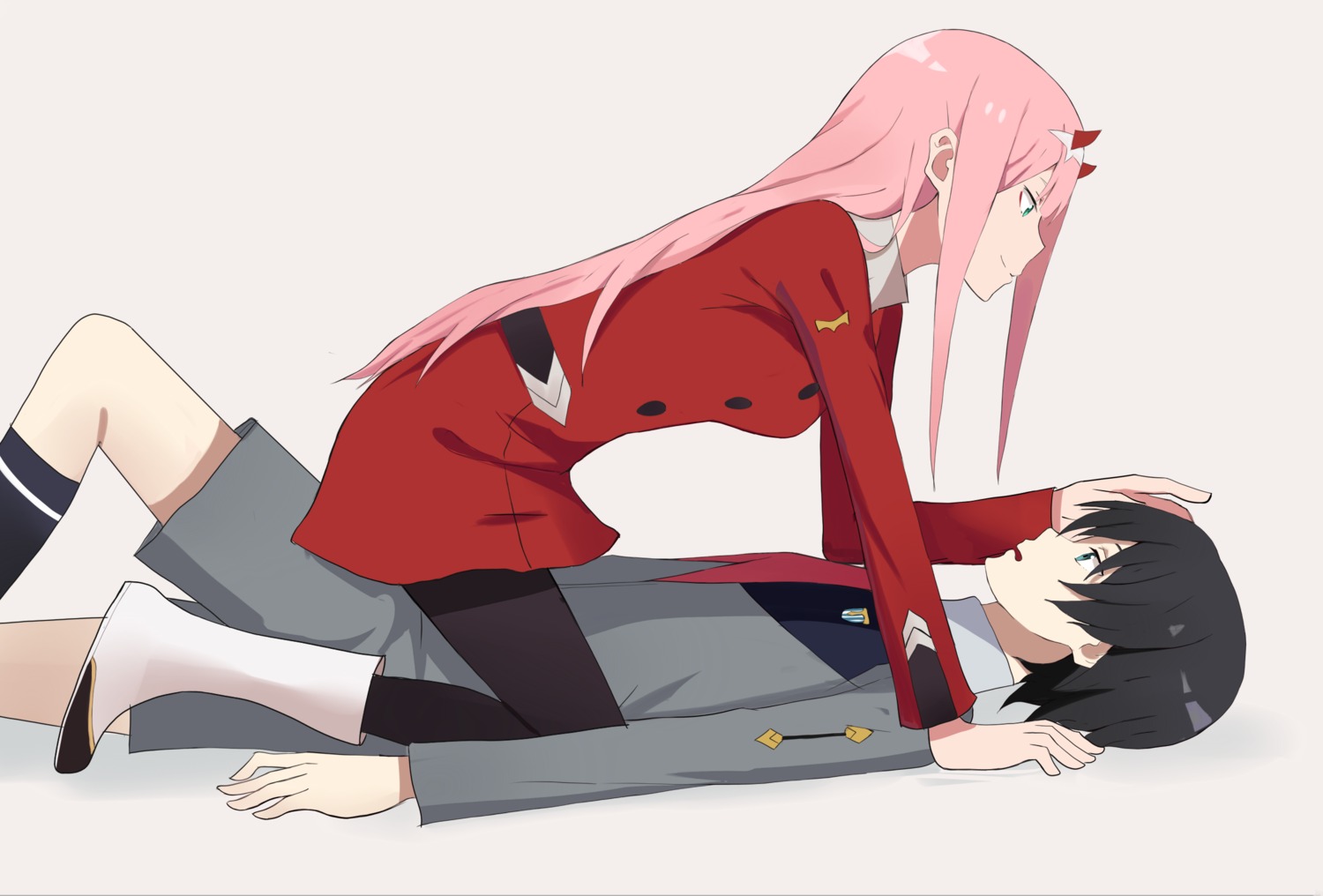 darling_in_the_franxx, hiro_(darling_in_the_franxx), horns, kenkaizar, pantyhose, uniform, zero_two_(darling_in_the_franxx)