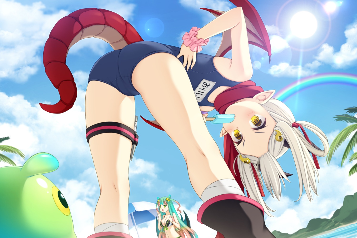 ass, bikini, cleavage, garter, horns, monmusu_harem, namaru_(summer_dandy), pointy_ears