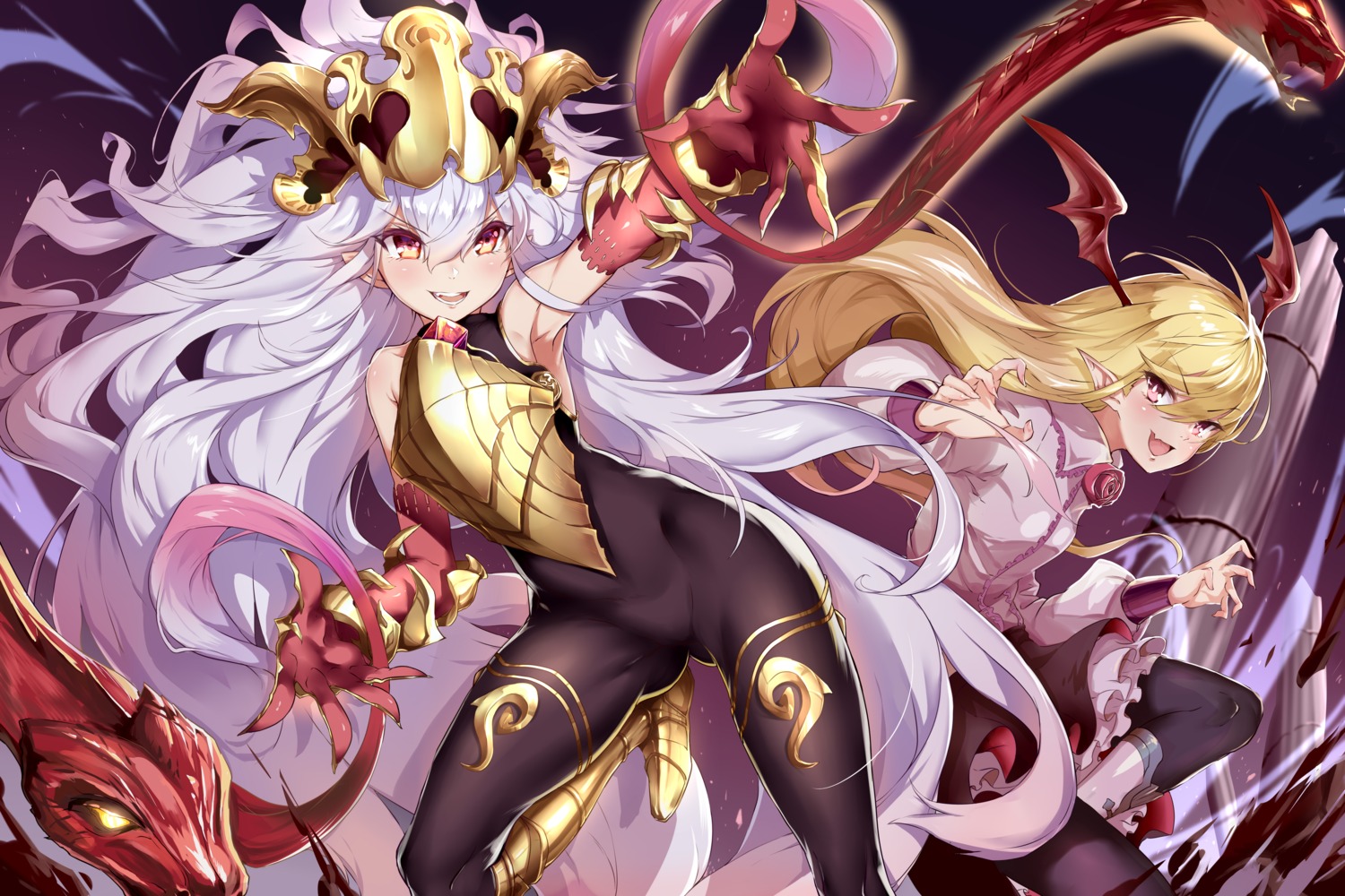 armor, bodysuit, granblue_fantasy, medusa_(shingeki_no_bahamut), pointy_ears, shanyao_jiang_tororo, shingeki_no_bahamut, tail, vampy_(shingeki_no_bahamut)