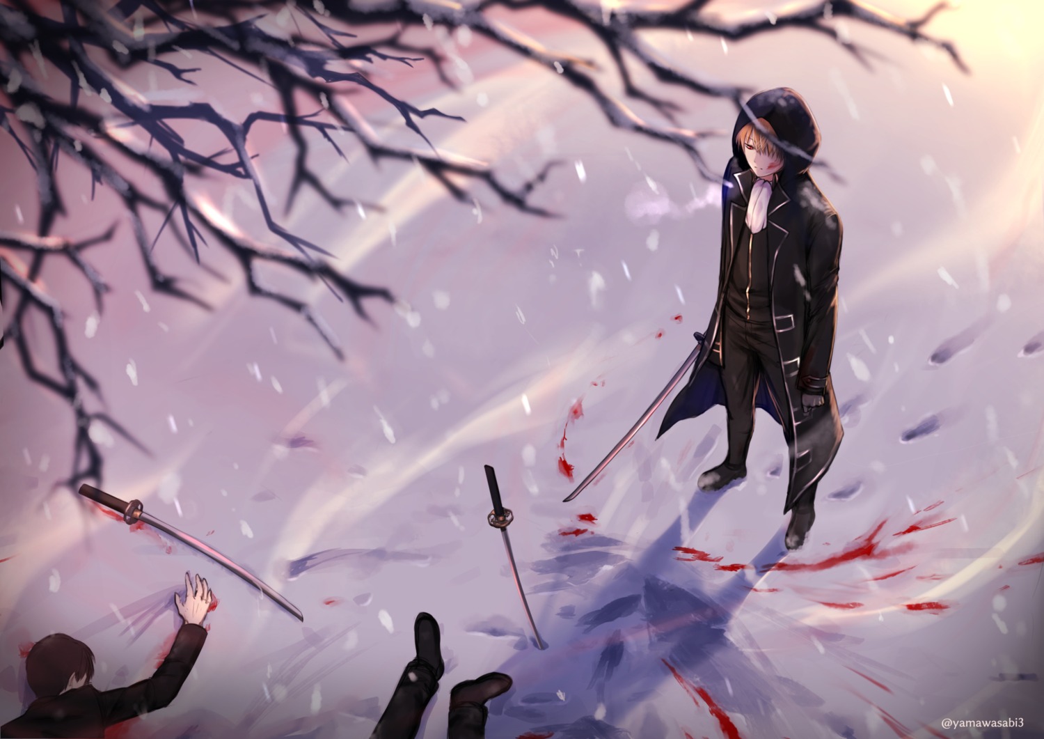 blood, gintama, male, okita_sougo, sword, uniform, yama_wasabi