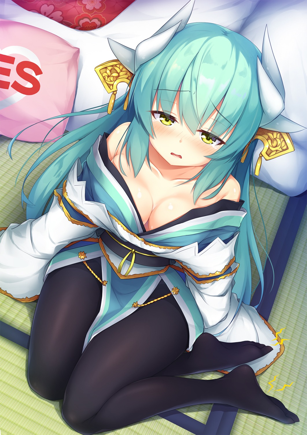 cleavage, fate/grand_order, horns, japanese_clothes, kiyohime_(fate), no_bra, open_shirt, pantyhose, yuki_kawachi