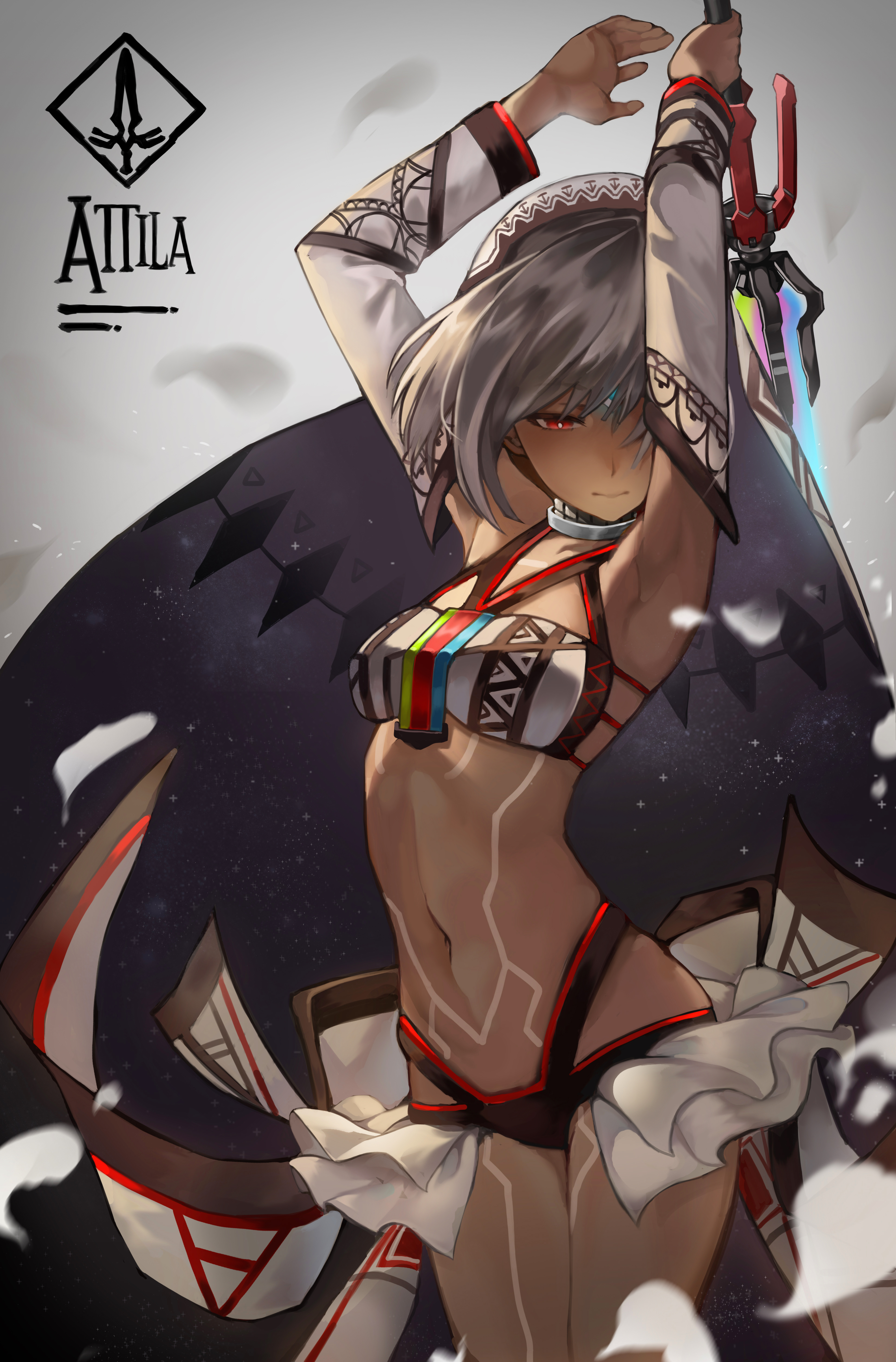 attila_(fate/grand_order), bikini_armor, fate/grand_order, tattoo, weapon, xiaobang