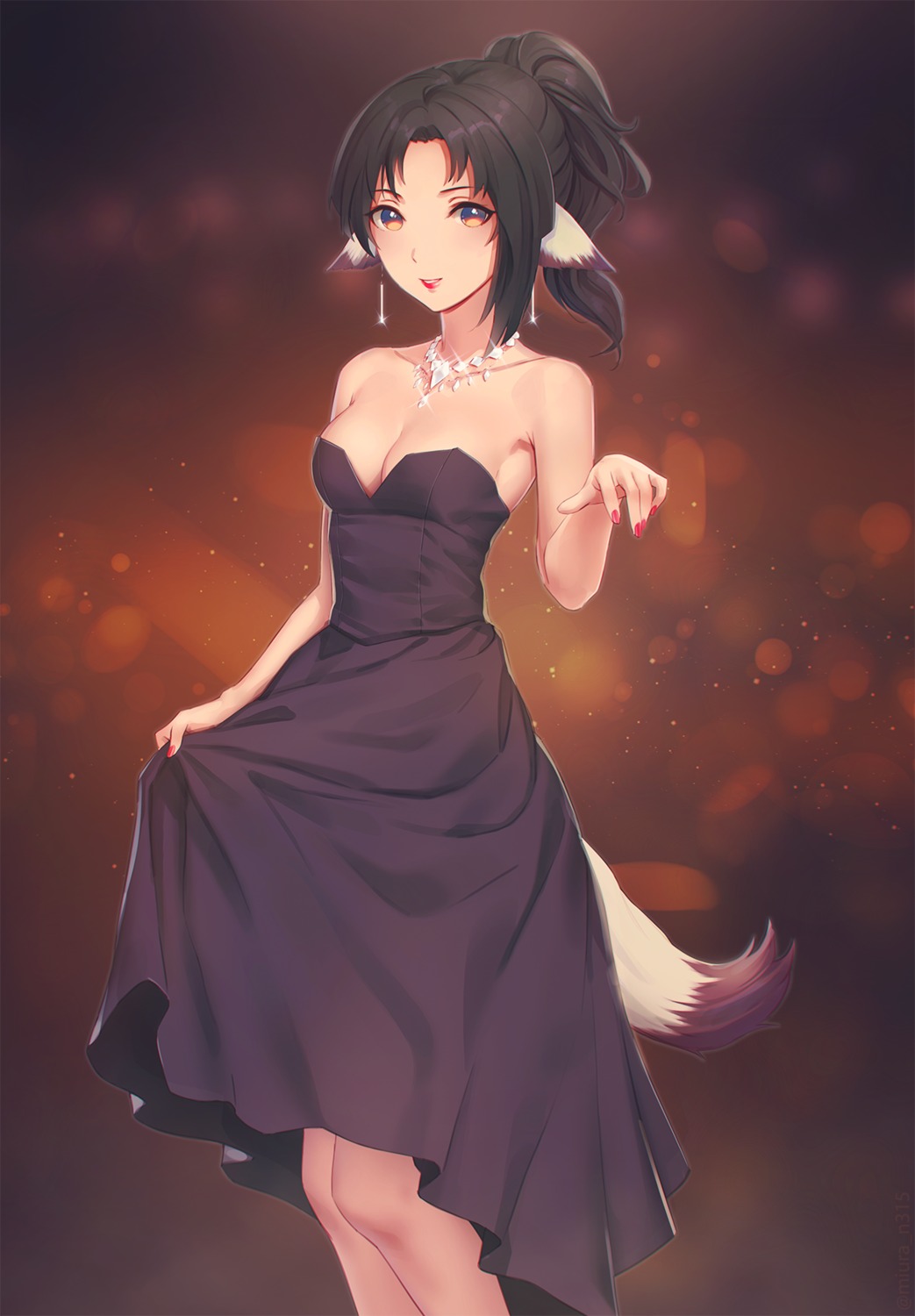 animal_ears, cleavage, dress, eruruu, miura_naoko, skirt_lift, tail, utawarerumono