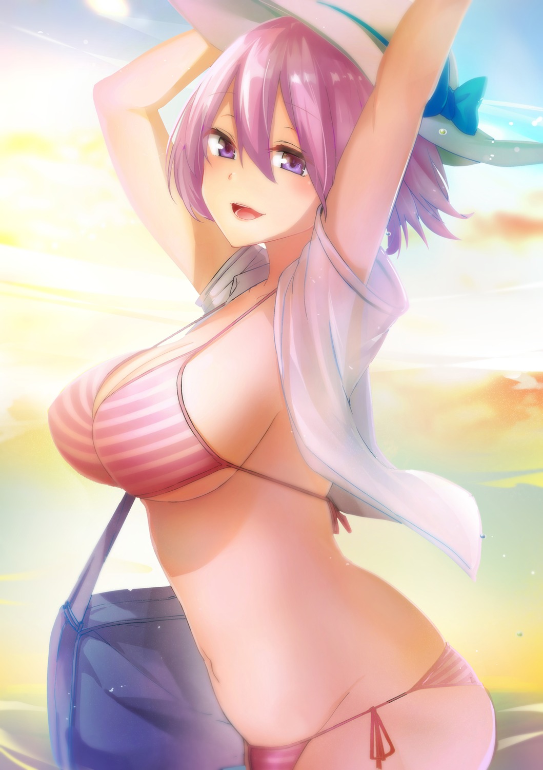 bikini, cleavage, fate/grand_order, mash_kyrielight, open_shirt, see_through, swimsuits, underboob, xiaodi