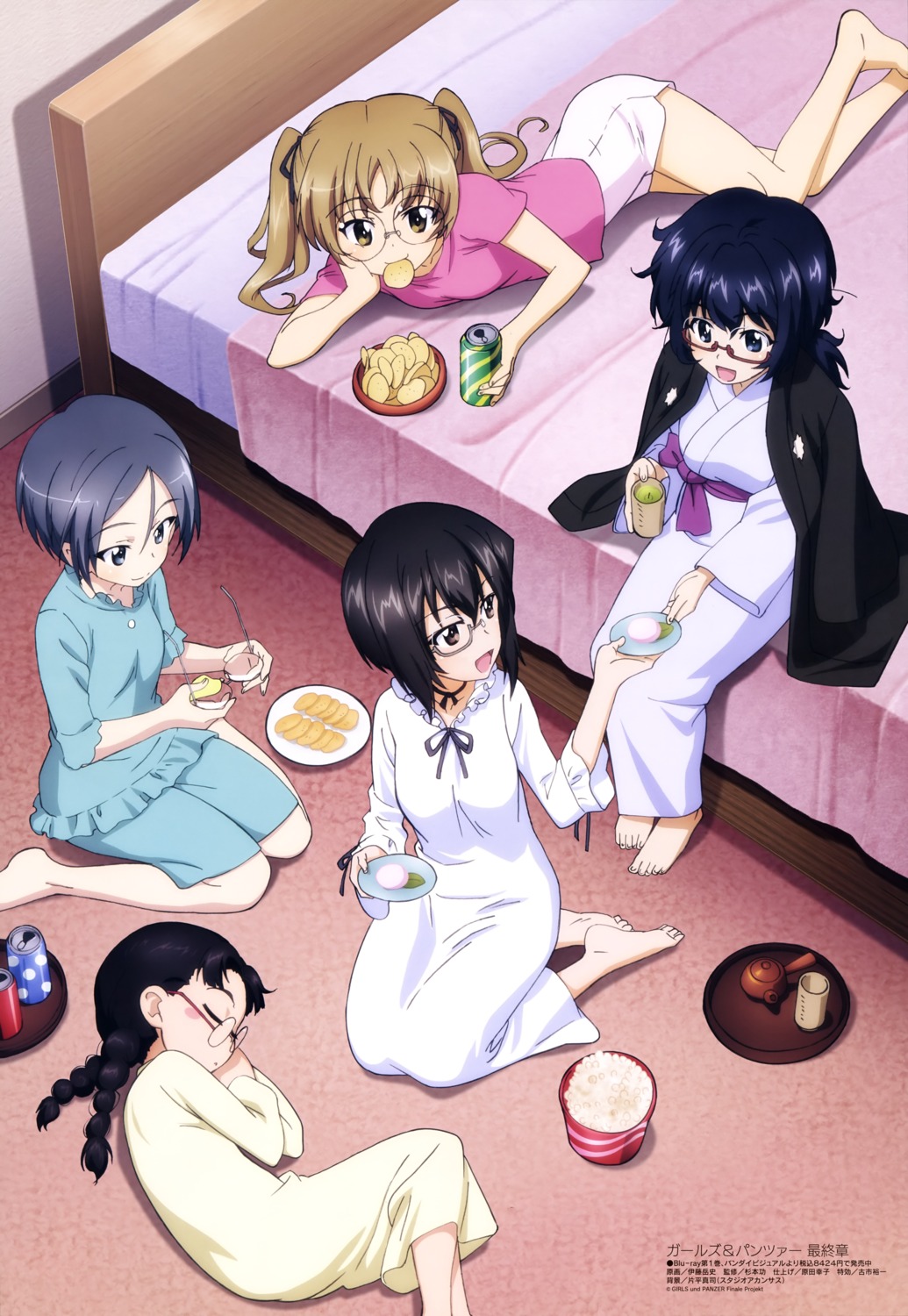 fukuda_haru, girls_und_panzer, itou_takeshi, kawashima_momo, megane, oono_aya, oryou_(girls_und_panzer), pajama