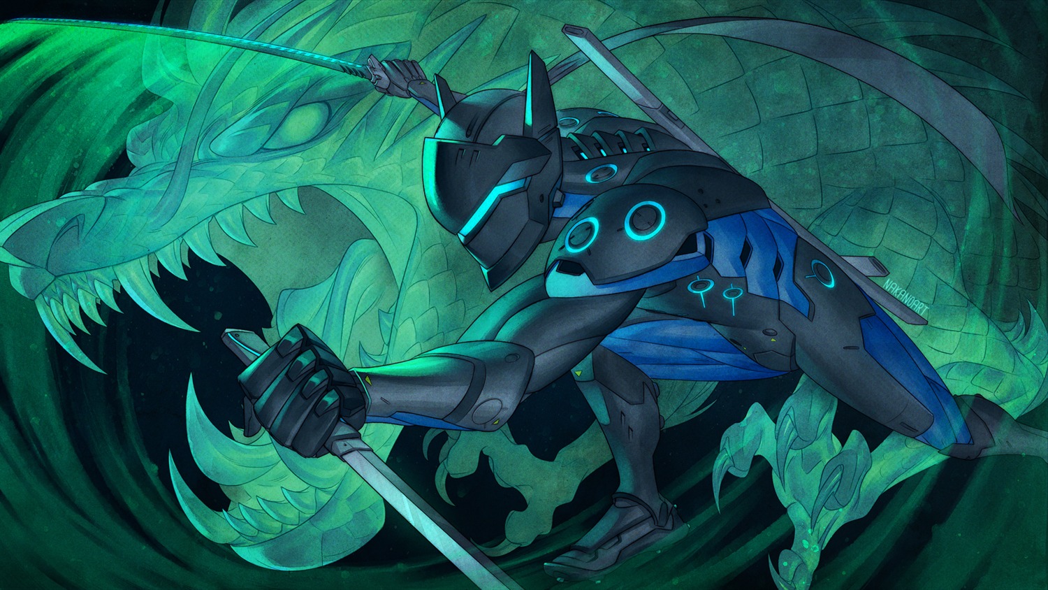 bodysuit, genji_(overwatch), male, nakanoart, overwatch, sword, wallpaper