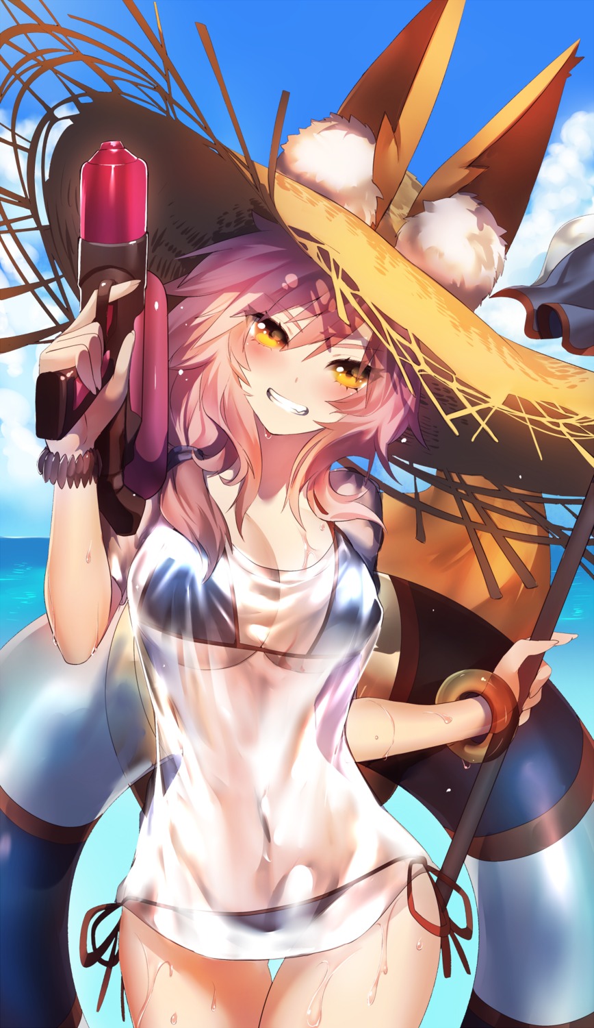 animal_ears, bikini, fate/grand_order, gun, rahato, see_through, swimsuits, tamamo_no_mae