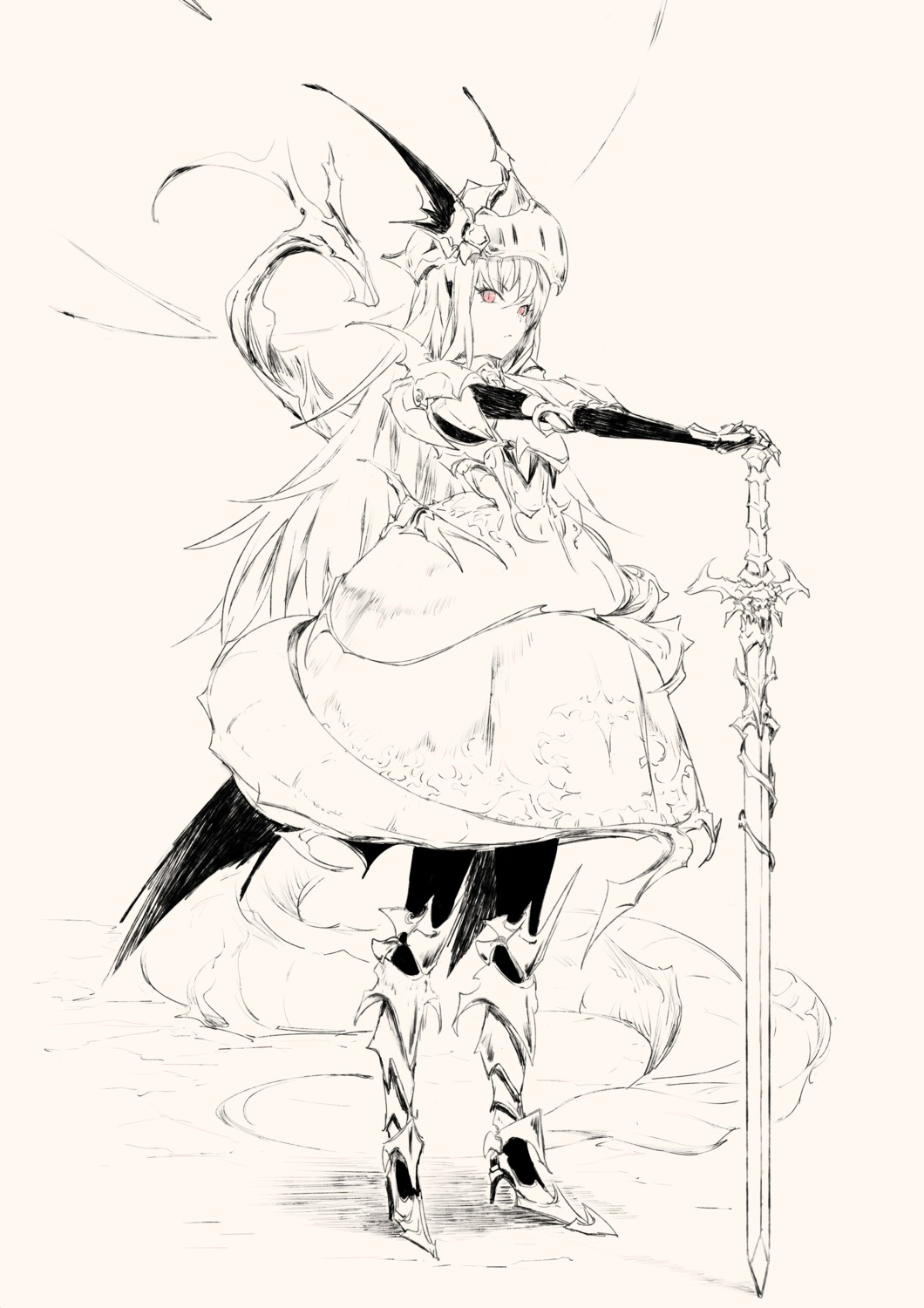 armor, dress, heels, horns, monochrome, pantyhose, sohin, sword
