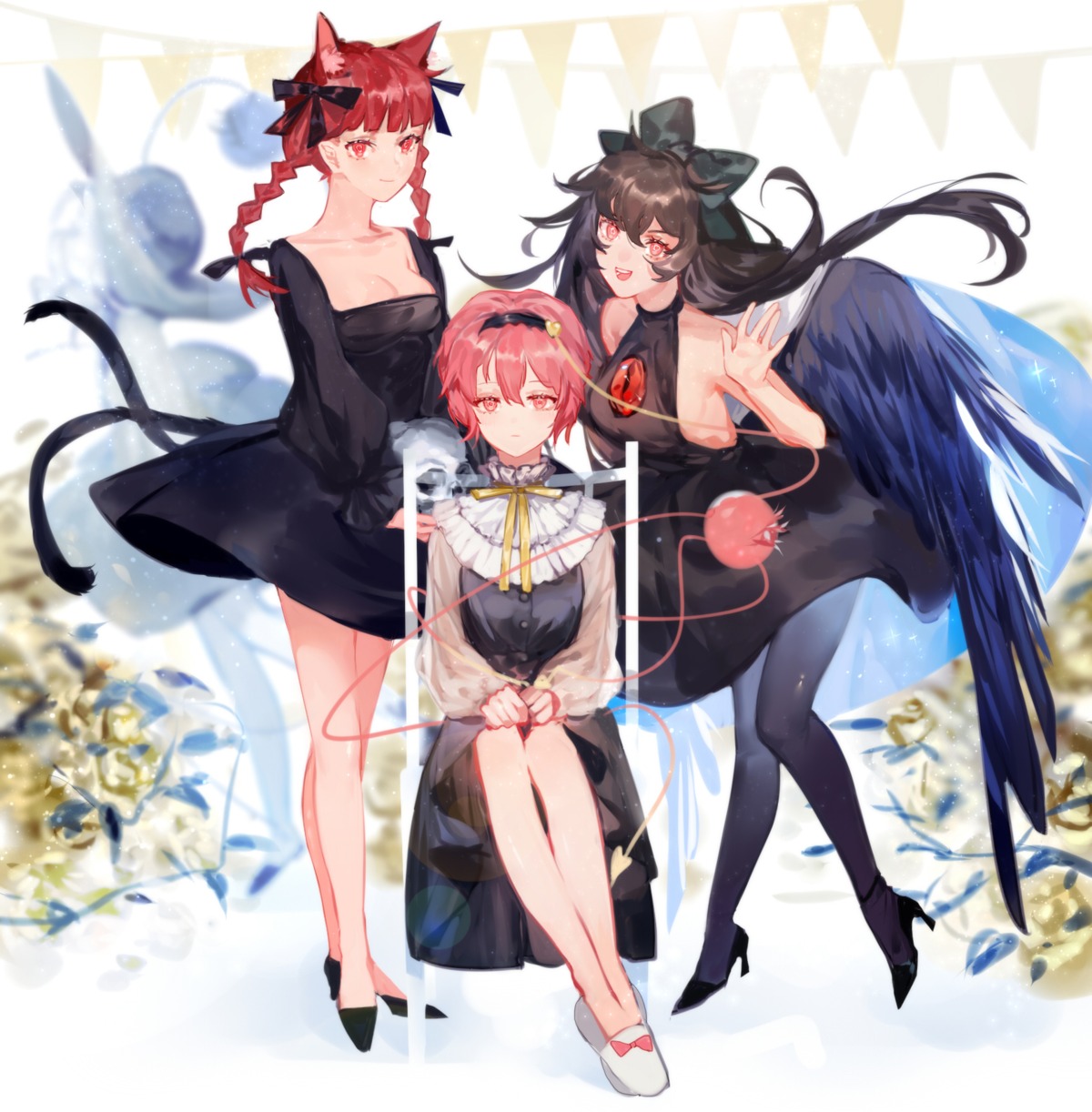 animal_ears, cleavage, dress, heels, kaenbyou_rin, komeiji_satori, no_bra, pantyhose, reiuji_utsuho, see_through, tail, tian_(my_dear), touhou, wings