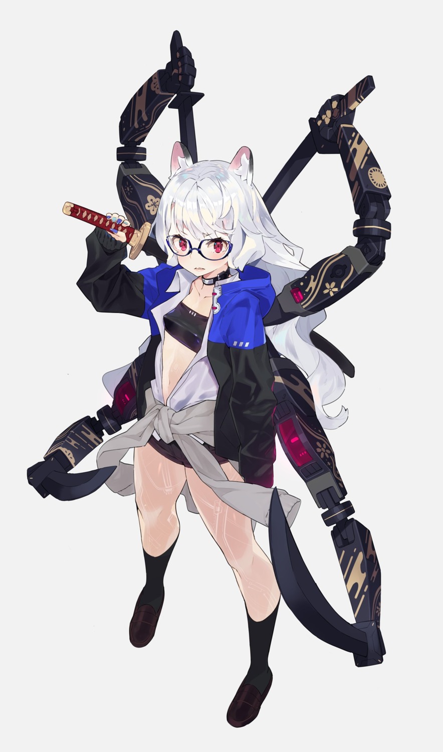 animal_ears, bra, hajime-ill-1st, mecha_musume, megane, open_shirt, sweater, sword