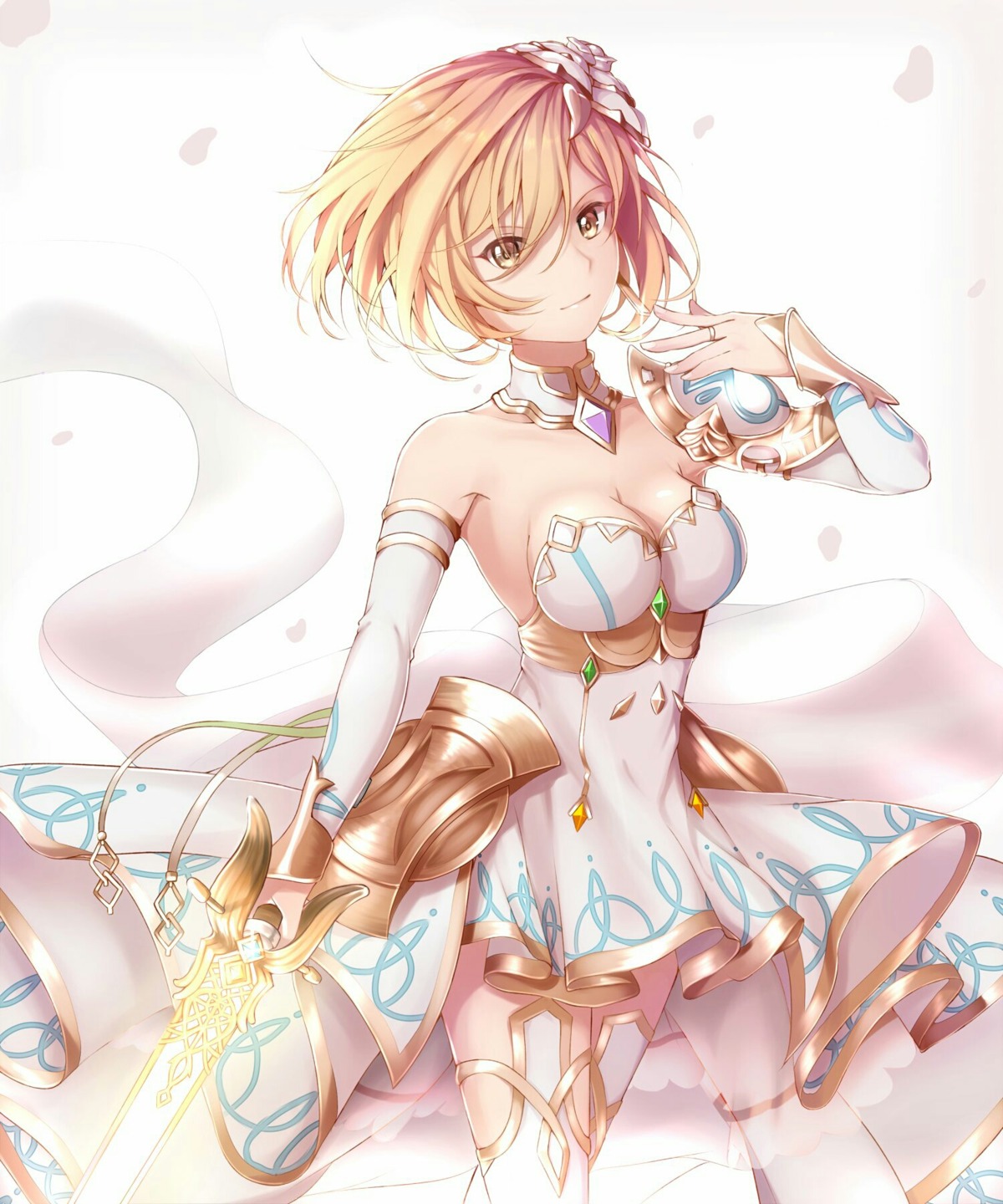 aidesa, armor, cleavage, djeeta_(granblue_fantasy), dress, granblue_fantasy, sword, thighhighs