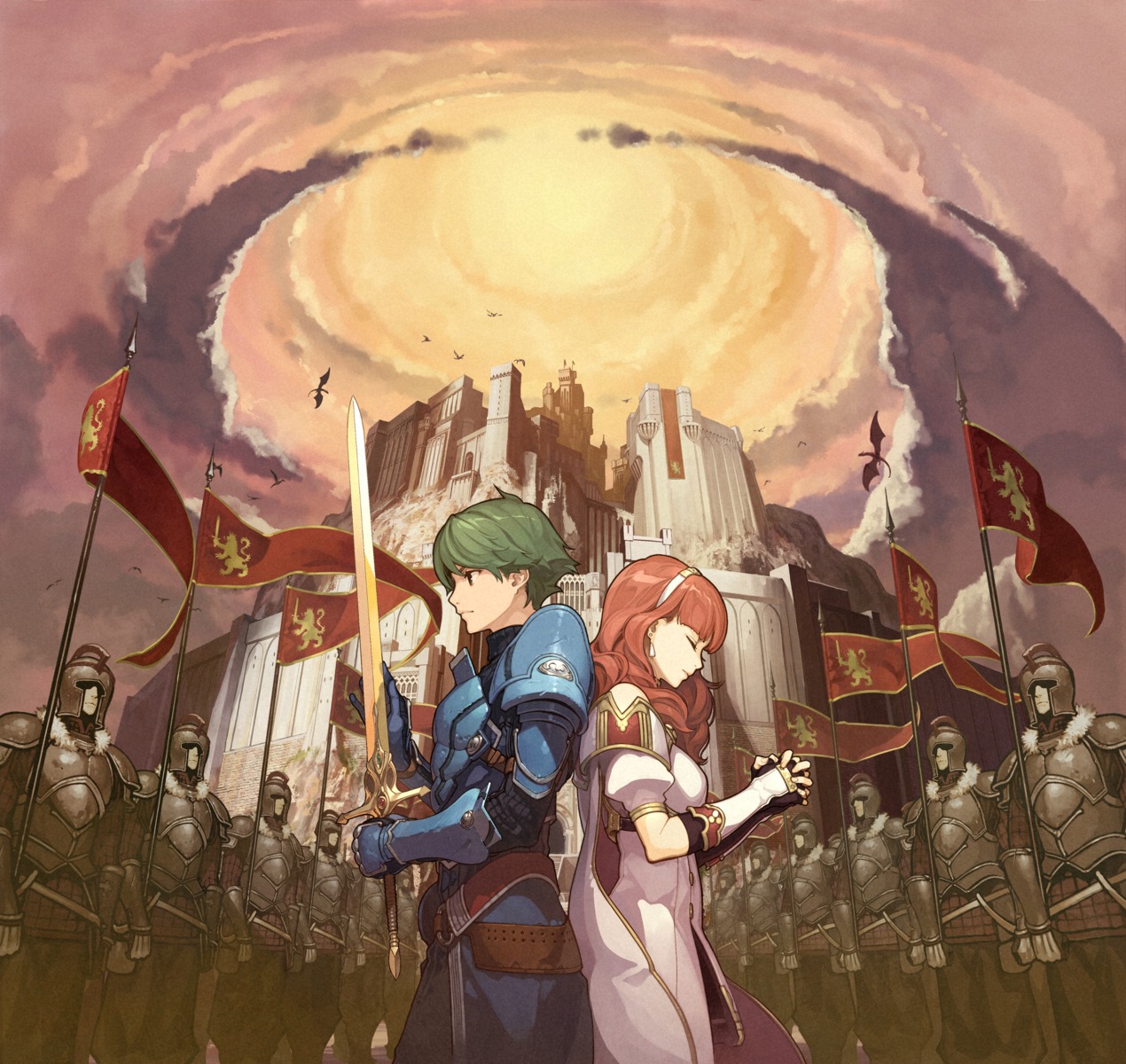 alm_(fire_emblem), armor, celica_(fire_emblem), dress, fire_emblem_echoes, hidari, landscape, nintendo, sword