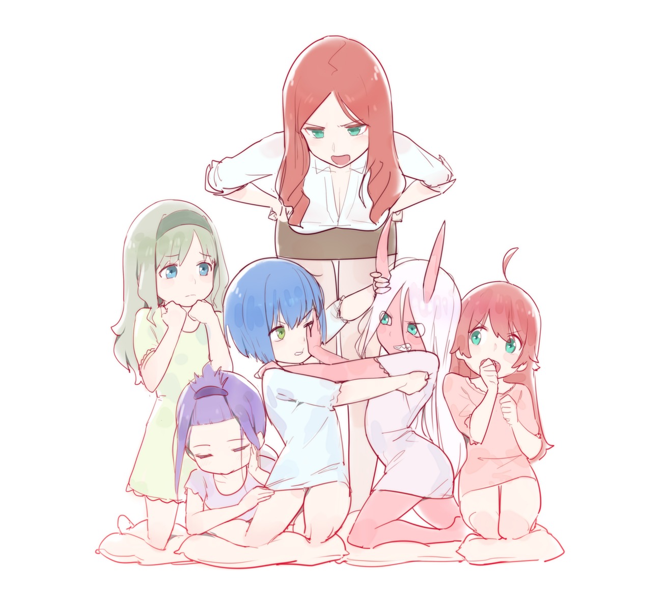 cleavage, darling_in_the_franxx, gorgeous_mushroom, horns, ichigo_(darling_in_the_franxx), ikuno_(darling_in_the_franxx), kokoro_(darling_in_the_franxx), miku_(darling_in_the_franxx)