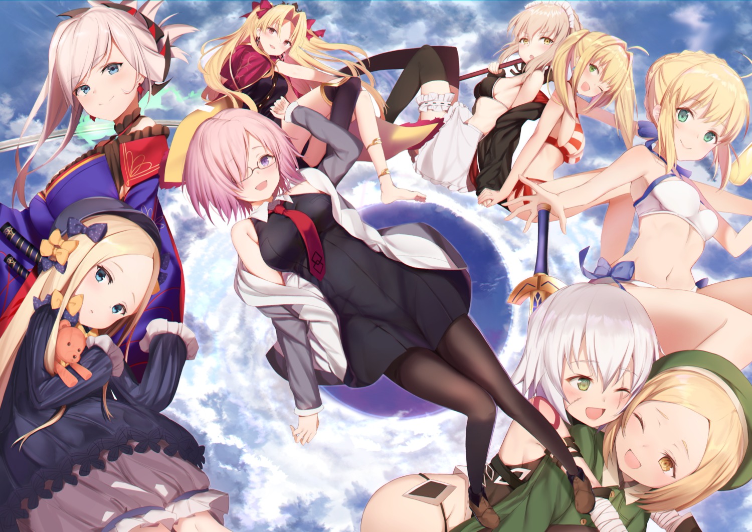 abigail_williams_(fate), artoria_pendragon_(fate), artoria_pendragon_alter_(fate), bandages, bikini, bloomers, dress, ereshkigal_(fate), fate/grand_order, garter, jack_the_ripper, japanese_clothes, maid, maosame, mash_kyrielight, megane, miyamoto_musashi_(fate), nero_claudius_(fate), open_shirt, pantsu, pantyhose, paul_bunyan_(fate), swimsuits, sword, tattoo, thighhighs