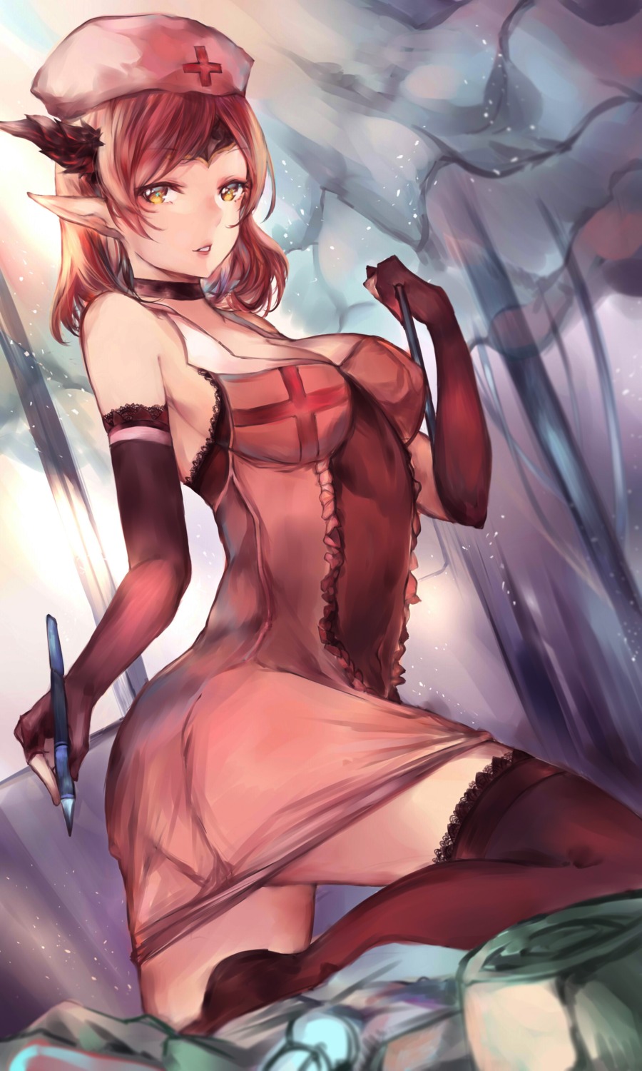cleavage, gremory_(p&d), horns, mi_bait, nurse, pointy_ears, puzzle_&_dragons, see_through, thighhighs