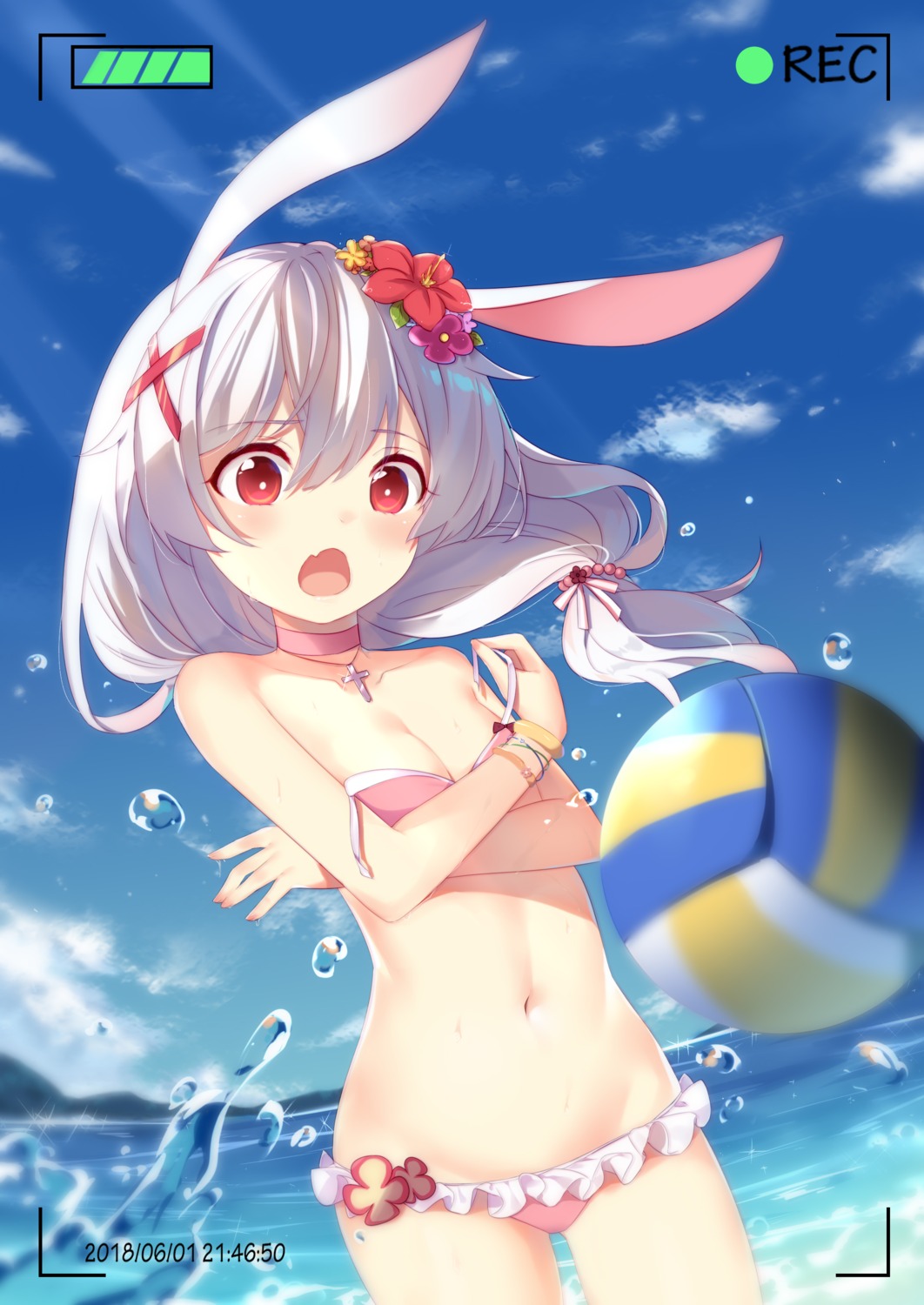 animal_ears, benghuai_xueyuan, bikini, breast_hold, bunny_ears, fufumi, honkai_impact, swimsuits, theresa_apocalypse, wardrobe_malfunction