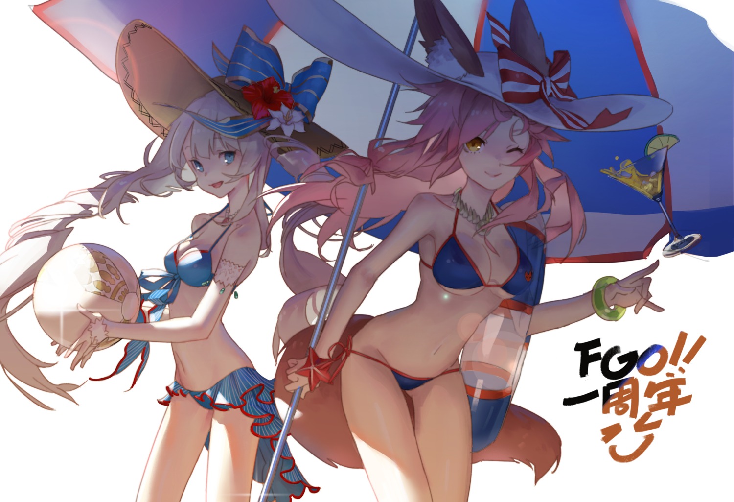animal_ears, bikini, cleavage, fate/grand_order, keapriciti, marie_antoinette_(fate), swimsuits, tail, tamamo_no_mae, underboob