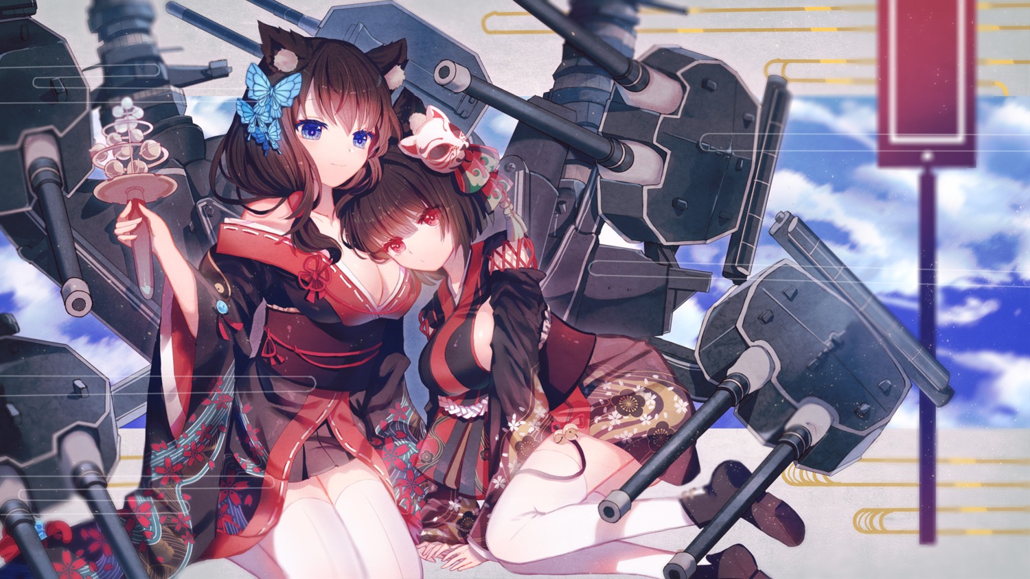 animal_ears, azur_lane, cleavage, fusou_(azur_lane), japanese_clothes, thighhighs, yamashiro_(azur_lane), yasato