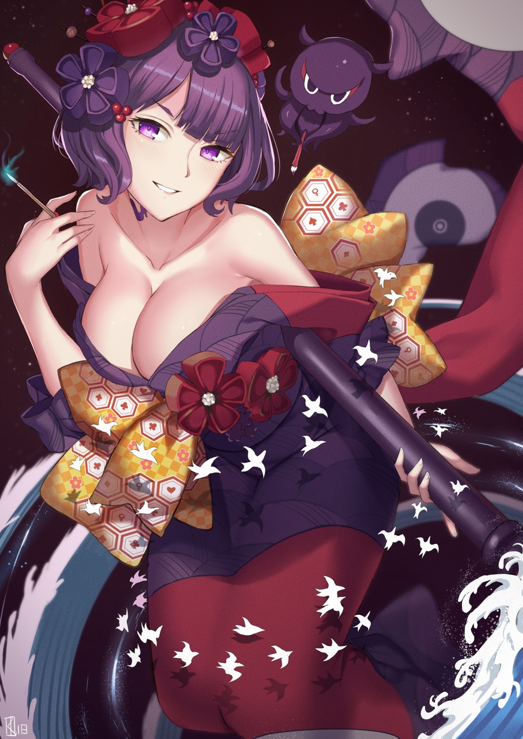 fate/grand_order, kakeru, katsushika_hokusai_(fate), kimono, no_bra, open_shirt