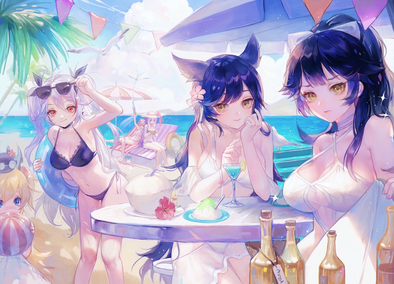 animal_ears, atago_(azur_lane), azur_lane, bikini, cleavage, matcha, megane, prinz_eugen_(azur_lane), see_through, swimsuits, takao_(azur_lane), tanikaze_(azur_lane)