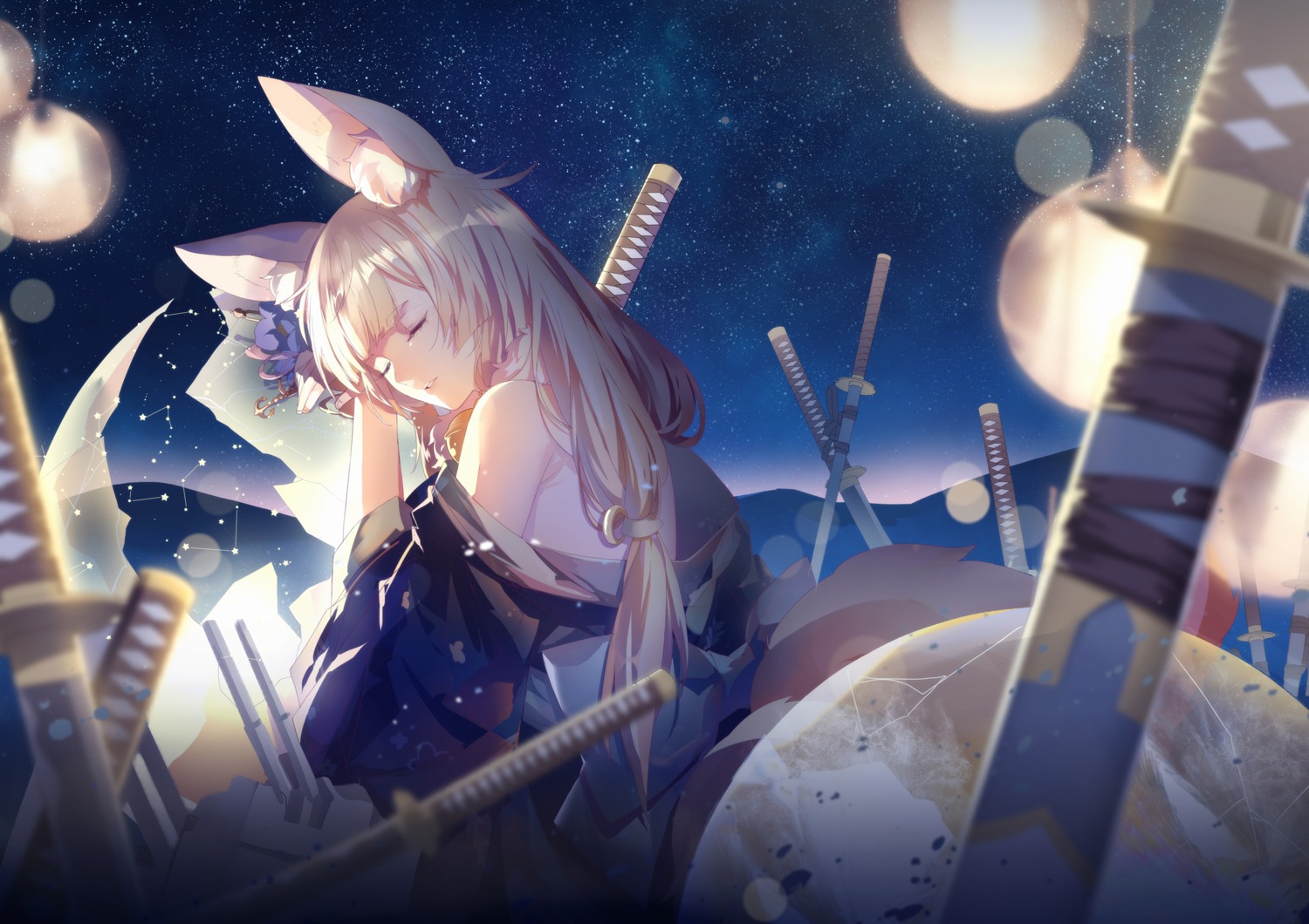 animal_ears, azur_lane, japanese_clothes, lingcat, niizuki_(azur_lane), open_shirt, sword, tail