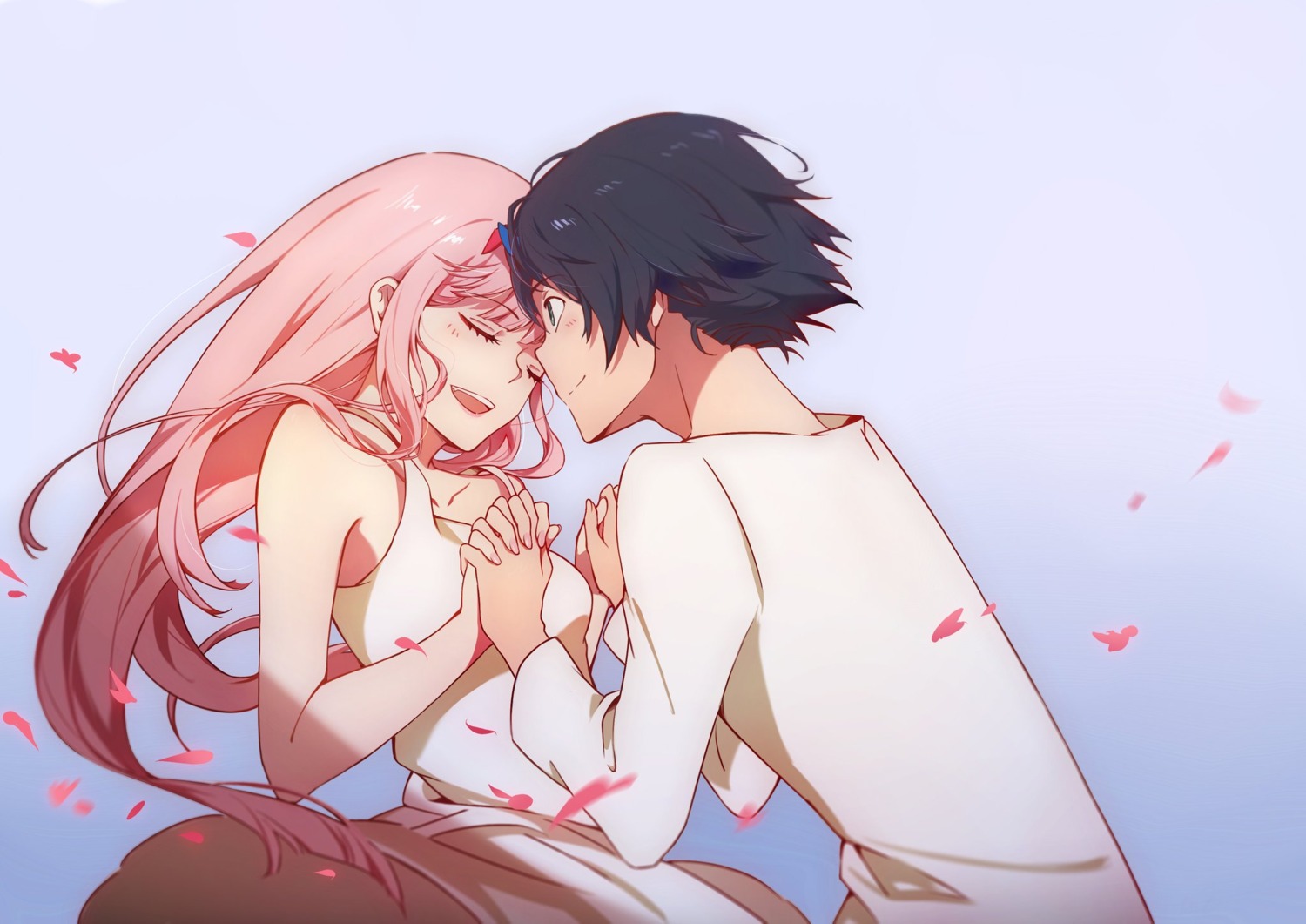 chenaze57, darling_in_the_franxx, dress, hiro_(darling_in_the_franxx), horns, pajama, zero_two_(darling_in_the_franxx)