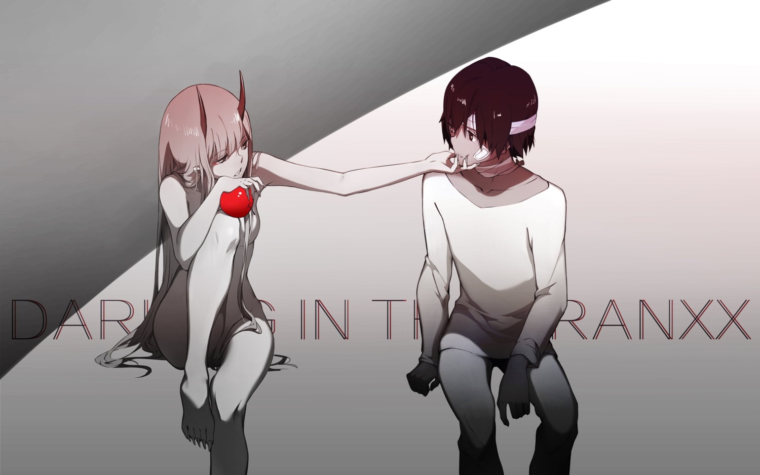bandages, bandaid, chenaze57, darling_in_the_franxx, hiro_(darling_in_the_franxx), horns, naked, zero_two_(darling_in_the_franxx)
