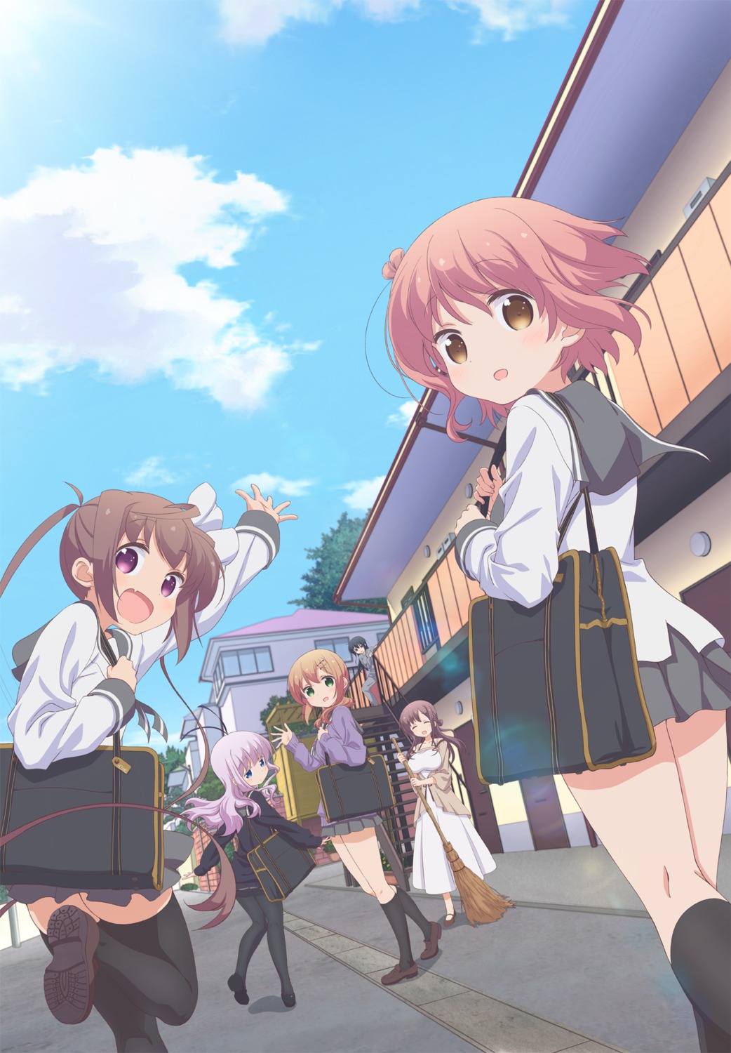 anno_masato, dress, hannen_hiroe, ichinose_hana, kyouzuka_shion, momochi_tamate, pantyhose, seifuku