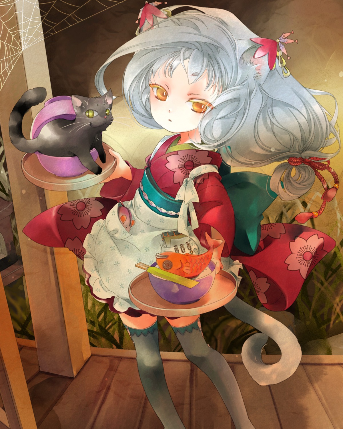 animal_ears, awai, japanese_clothes, neko, nekomimi, tail, thighhighs