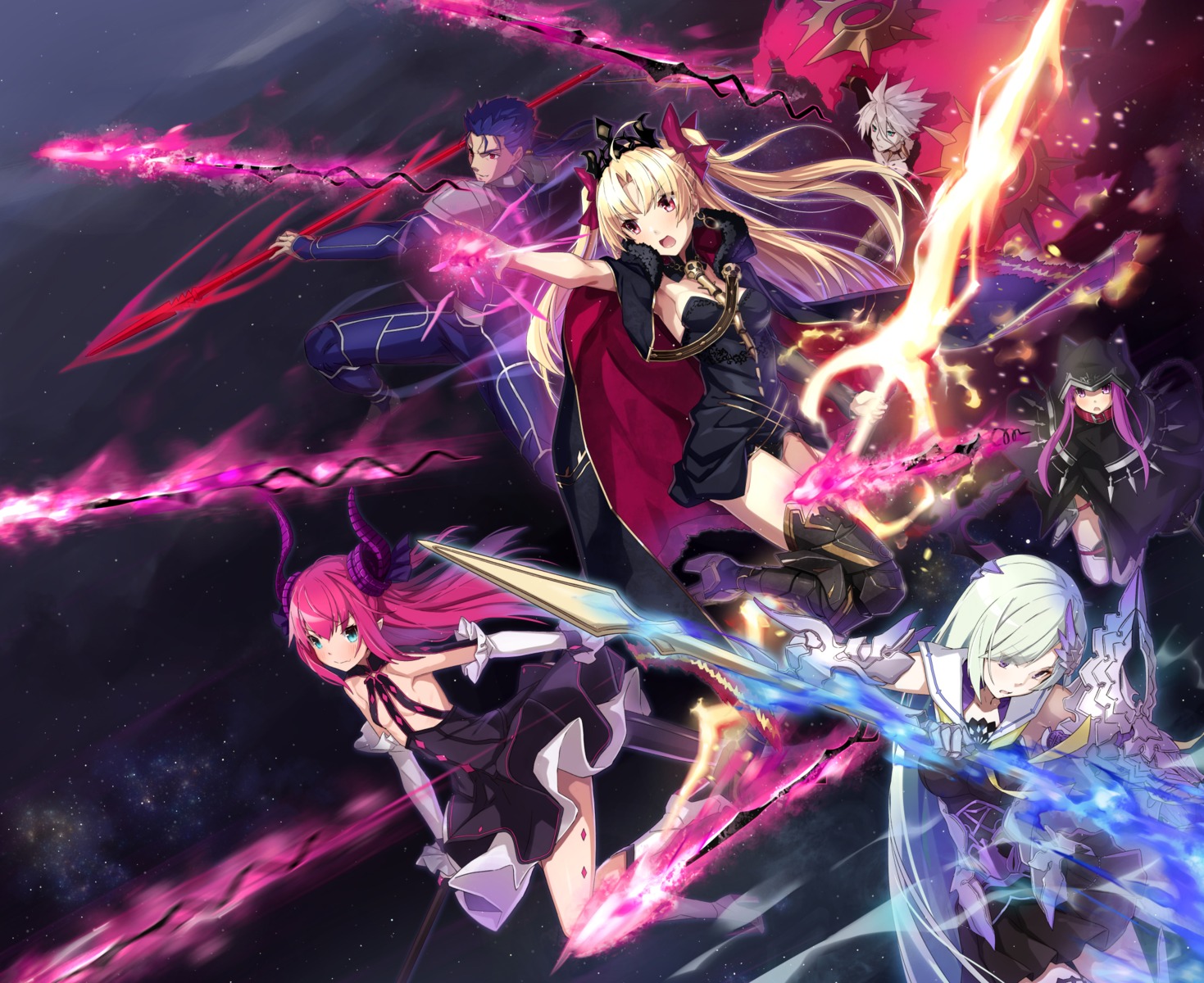 armor, brynhild_(fate), cu_chulainn_(fate), dress, elizabeth_bathory, ereshkigal_(fate), fate/grand_order, heels