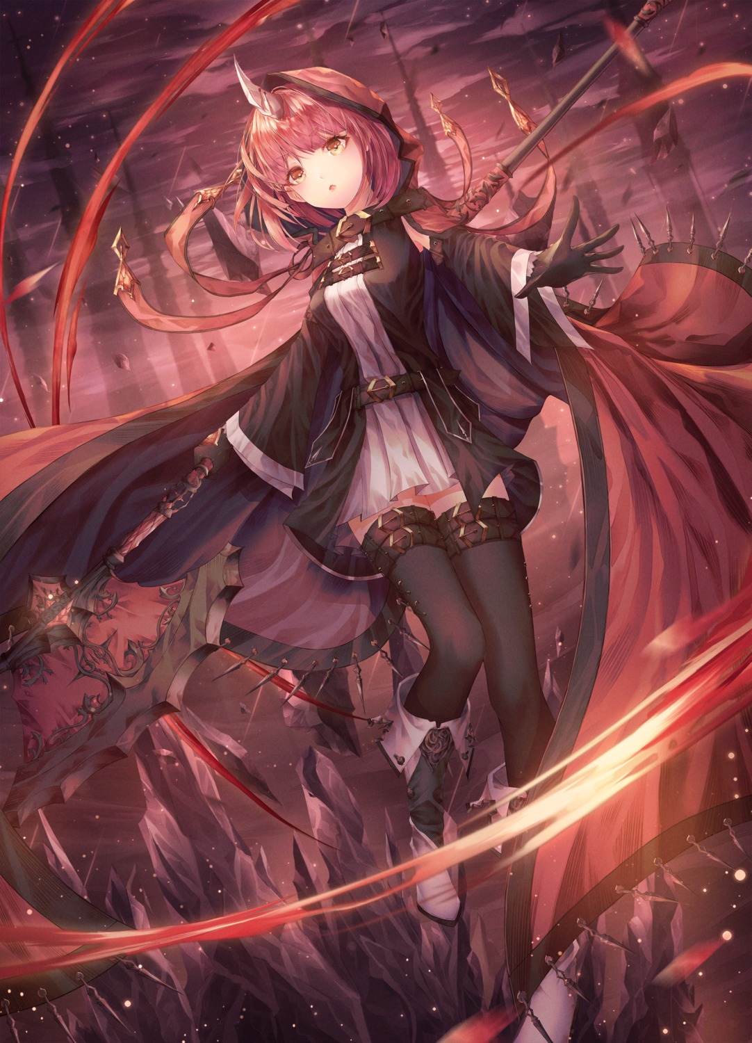 dress, horns, momingie, thighhighs, weapon