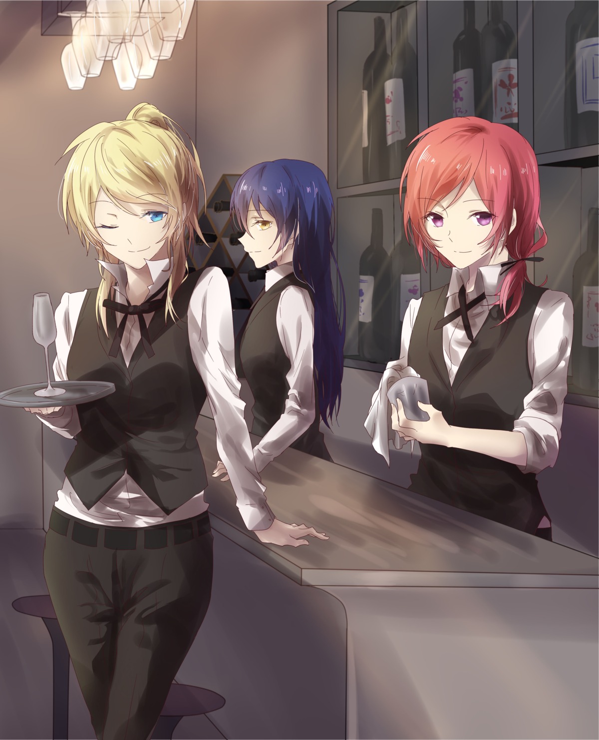 ayase_eli, love_live!, love_live!_(series), nishikino_maki, sonoda_umi, waitress, walluku