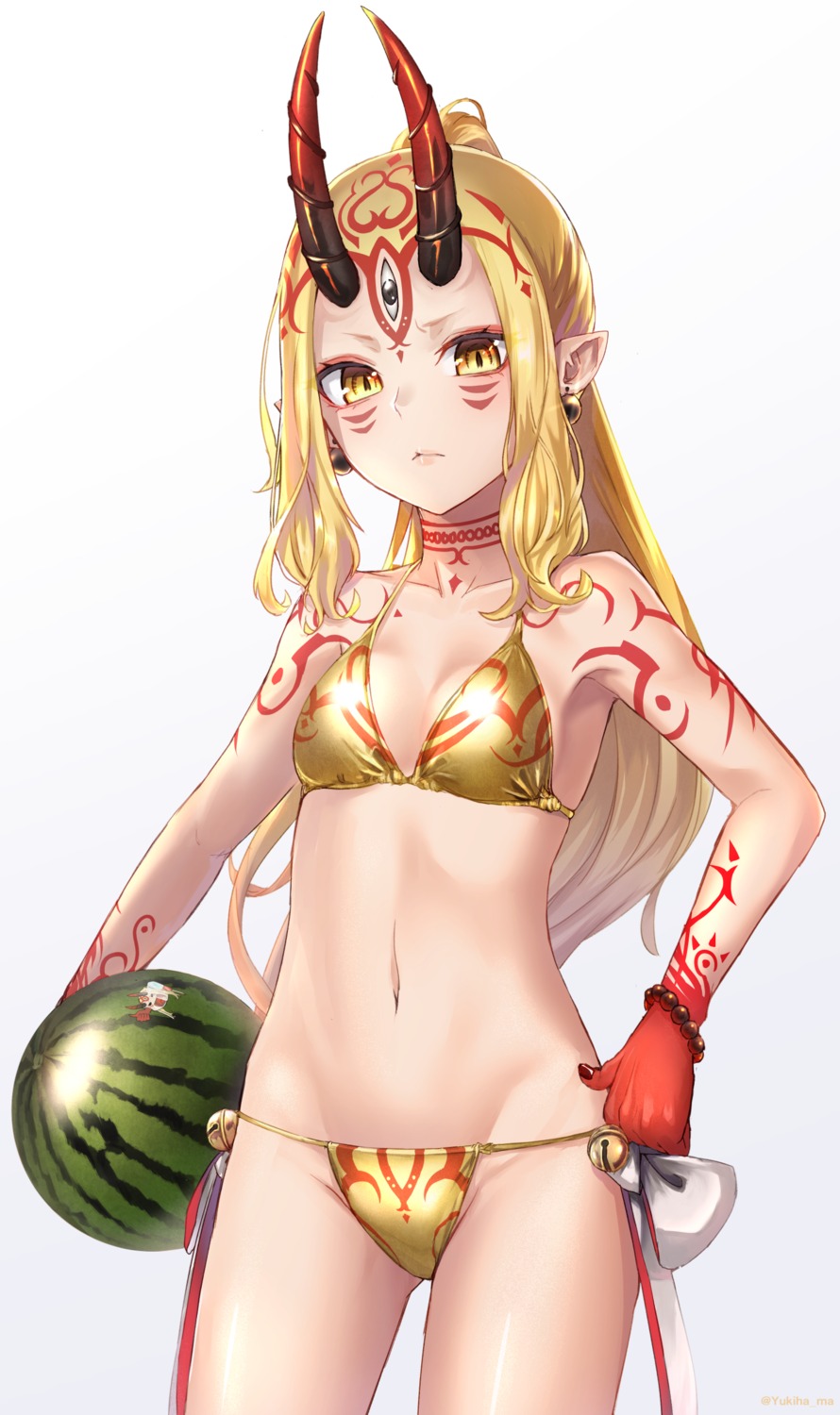 bikini, cleavage, fate/grand_order, horns, ibaraki_douji_(fate), swimsuits, tattoo, yukihama