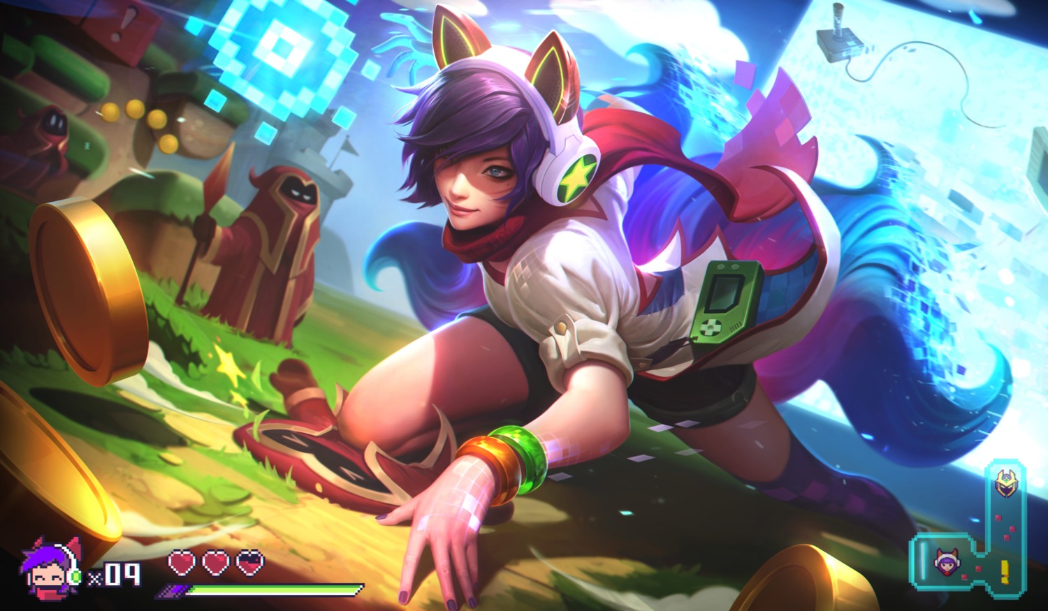 ahri, alex_flores, animal_ears, headphones, kitsune, league_of_legends, possible_duplicate, tail, thighhighs, weapon